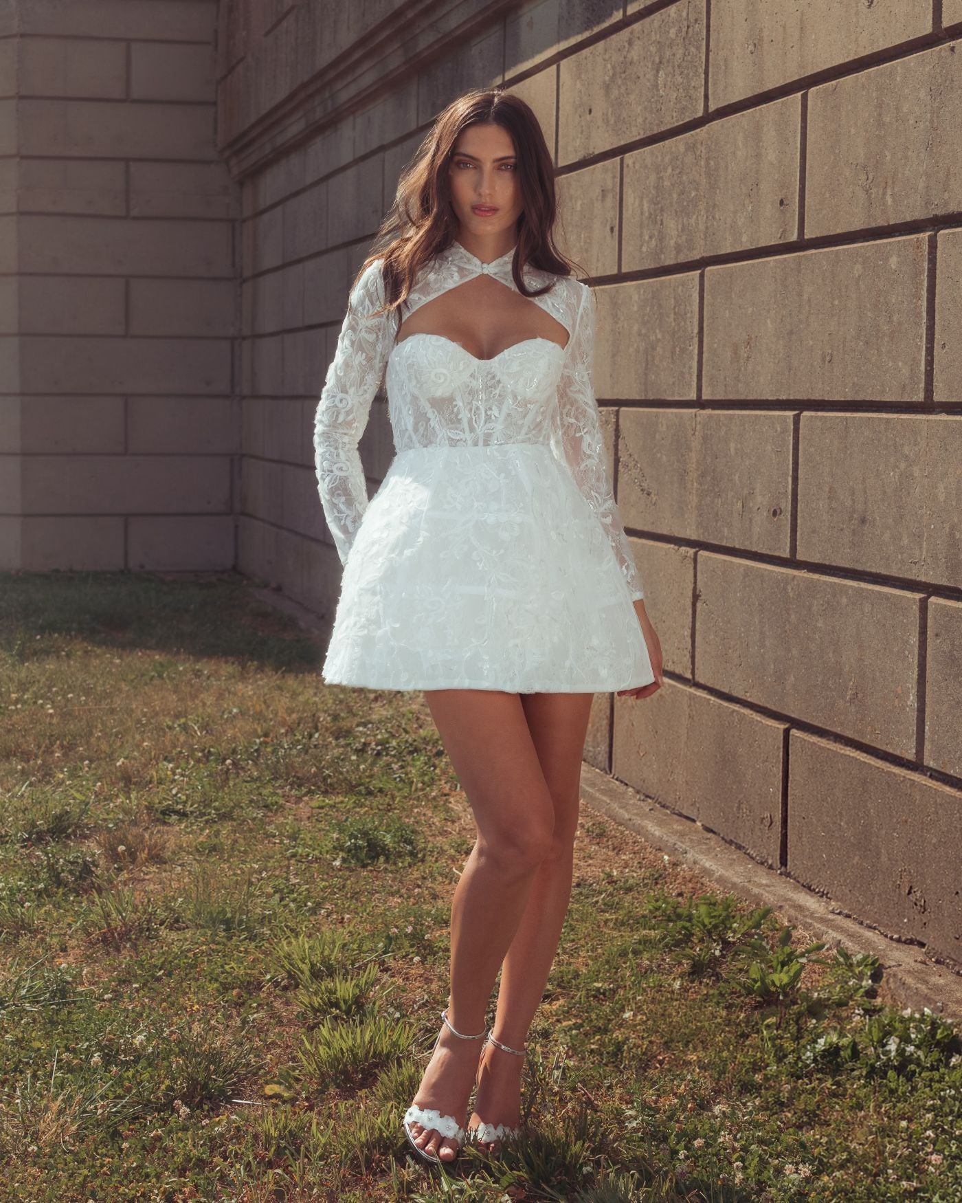 White Long Sleeve Lace A-Line Mini Dress - Mac Duggal