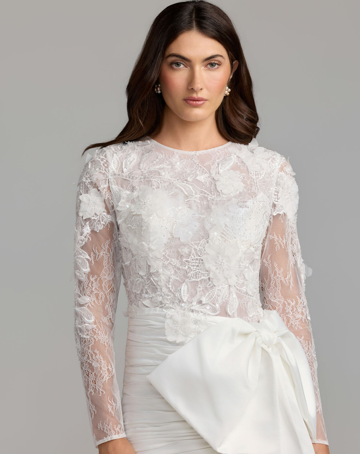 White Embroidered Long Sleeve Taffeta Mini Dress - Mac Duggal
