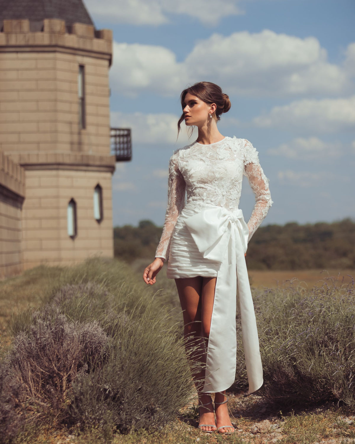 White Embroidered Long Sleeve Taffeta Mini Dress - Mac Duggal