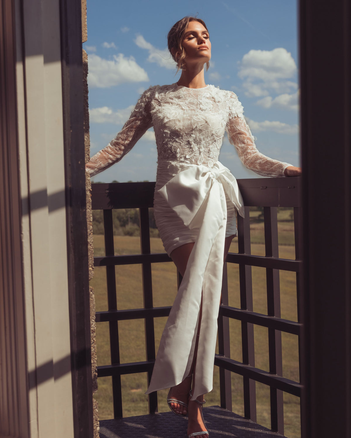 White Embroidered Long Sleeve Taffeta Mini Dress - Mac Duggal
