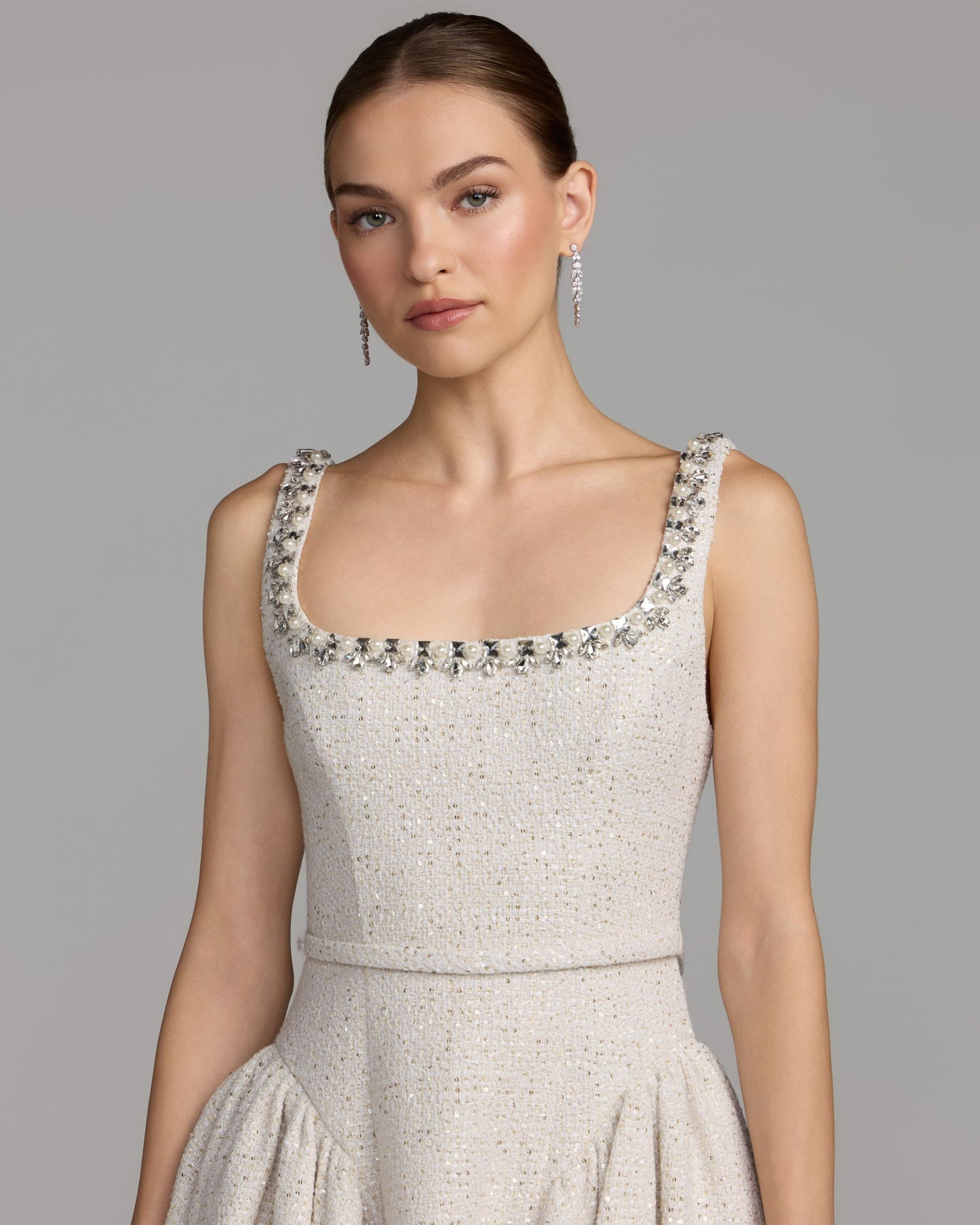 White Embellished Bouclé Mini Dress Mac Duggal