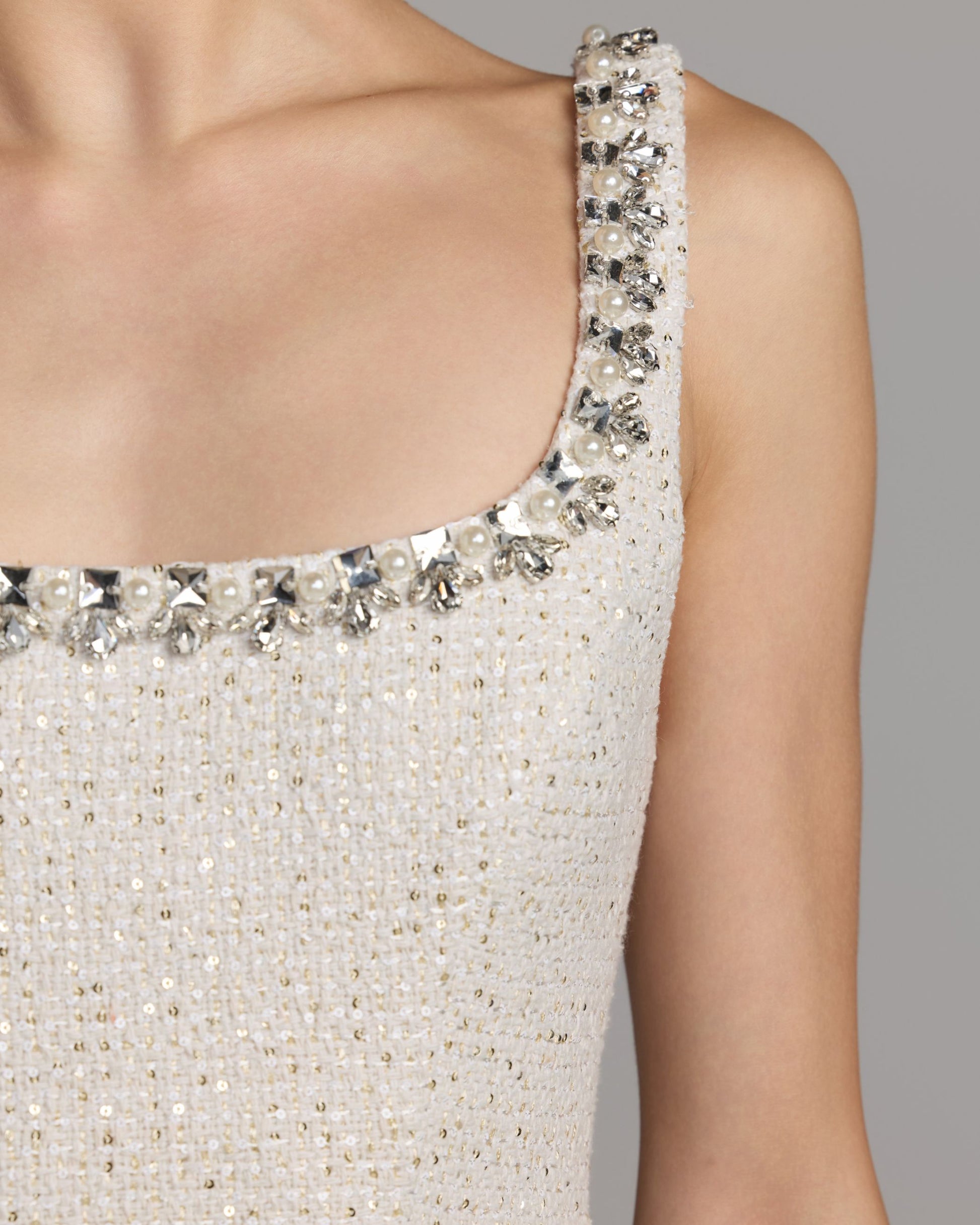 White Embellished Bouclé Mini Dress Mac Duggal
