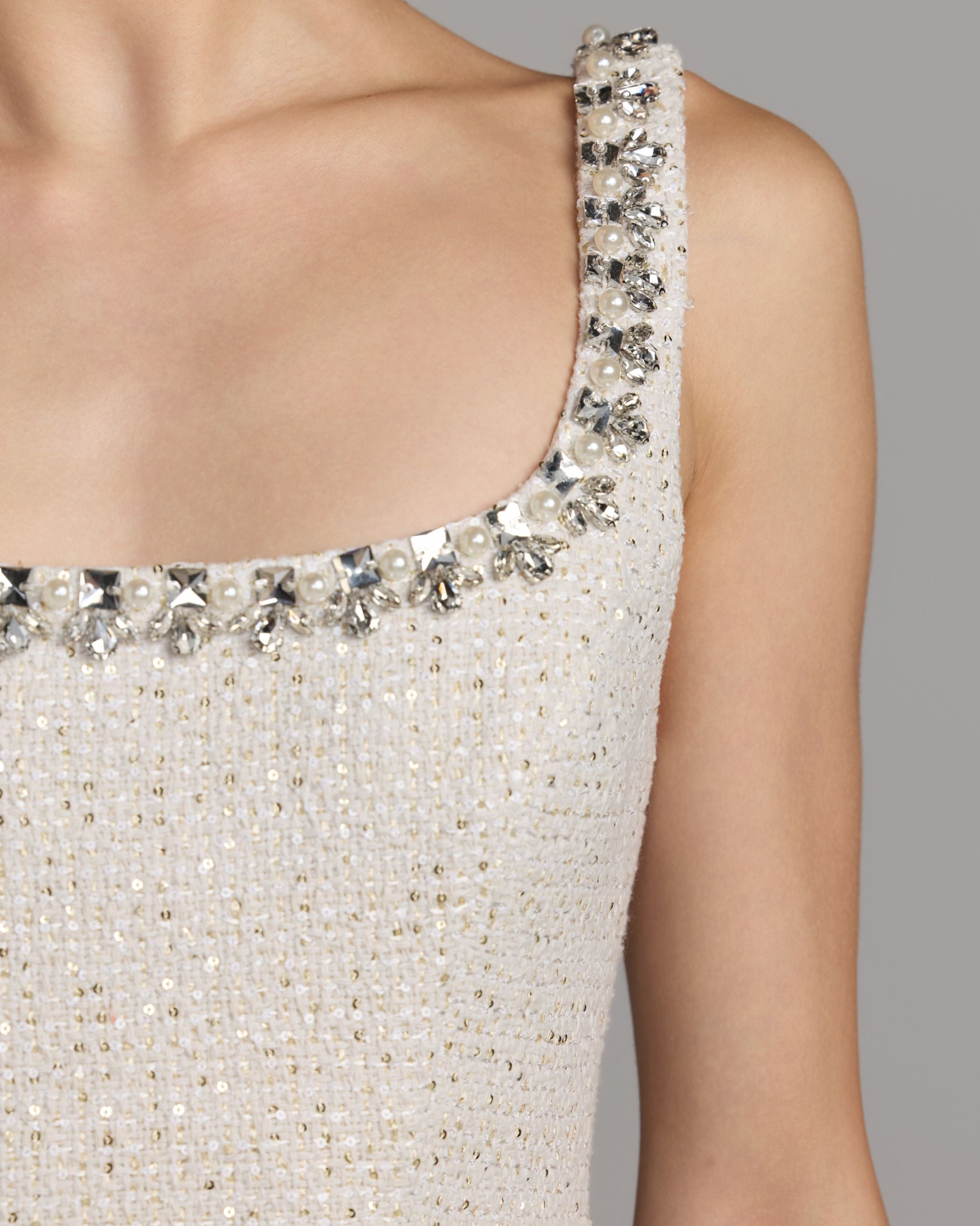 White Embellished Bouclé Mini Dress Mac Duggal