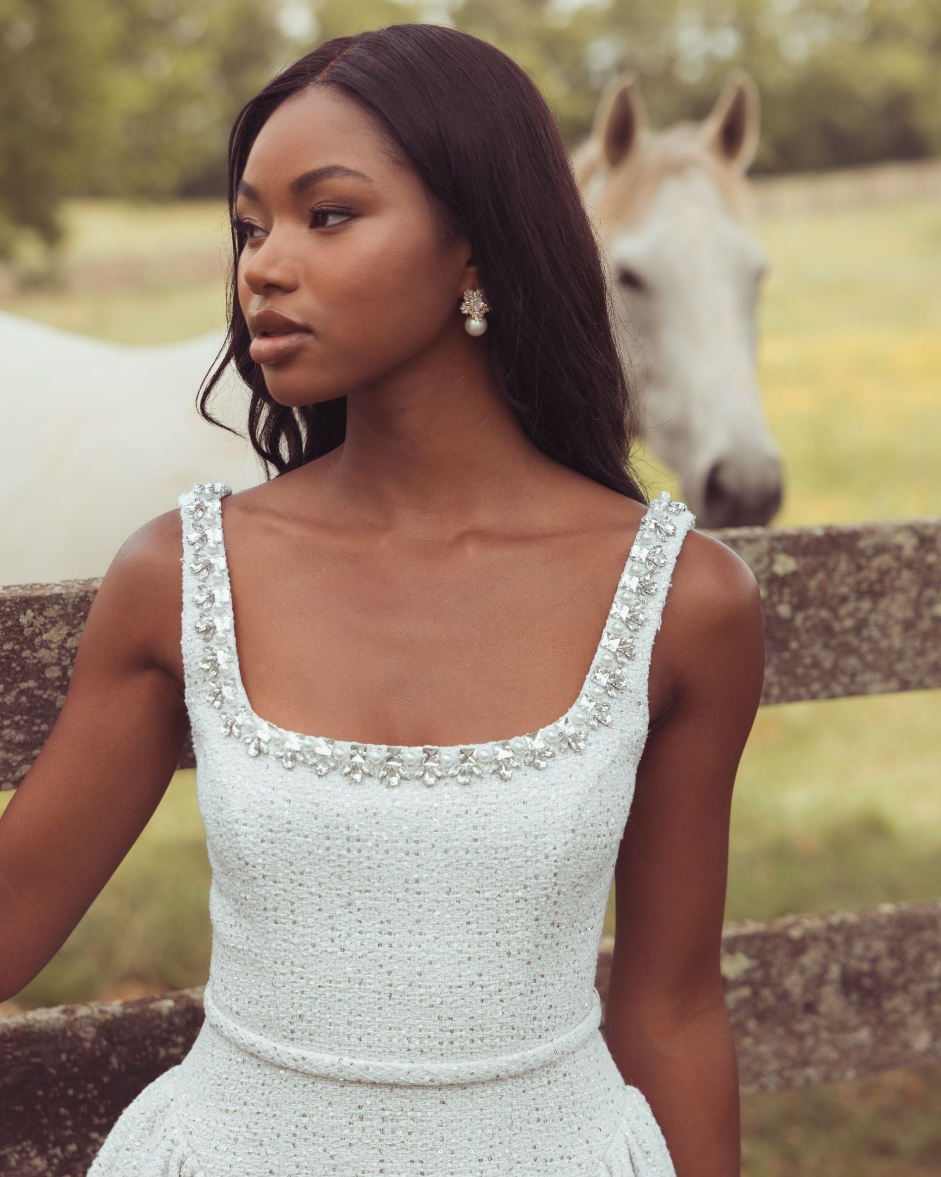 White Embellished Bouclé Mini Dress Mac Duggal