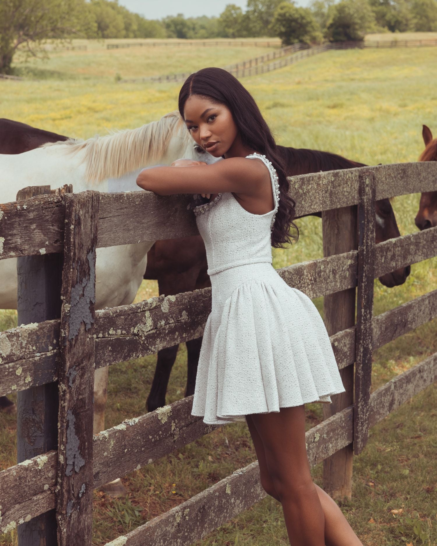 White Embellished Bouclé Mini Dress Mac Duggal