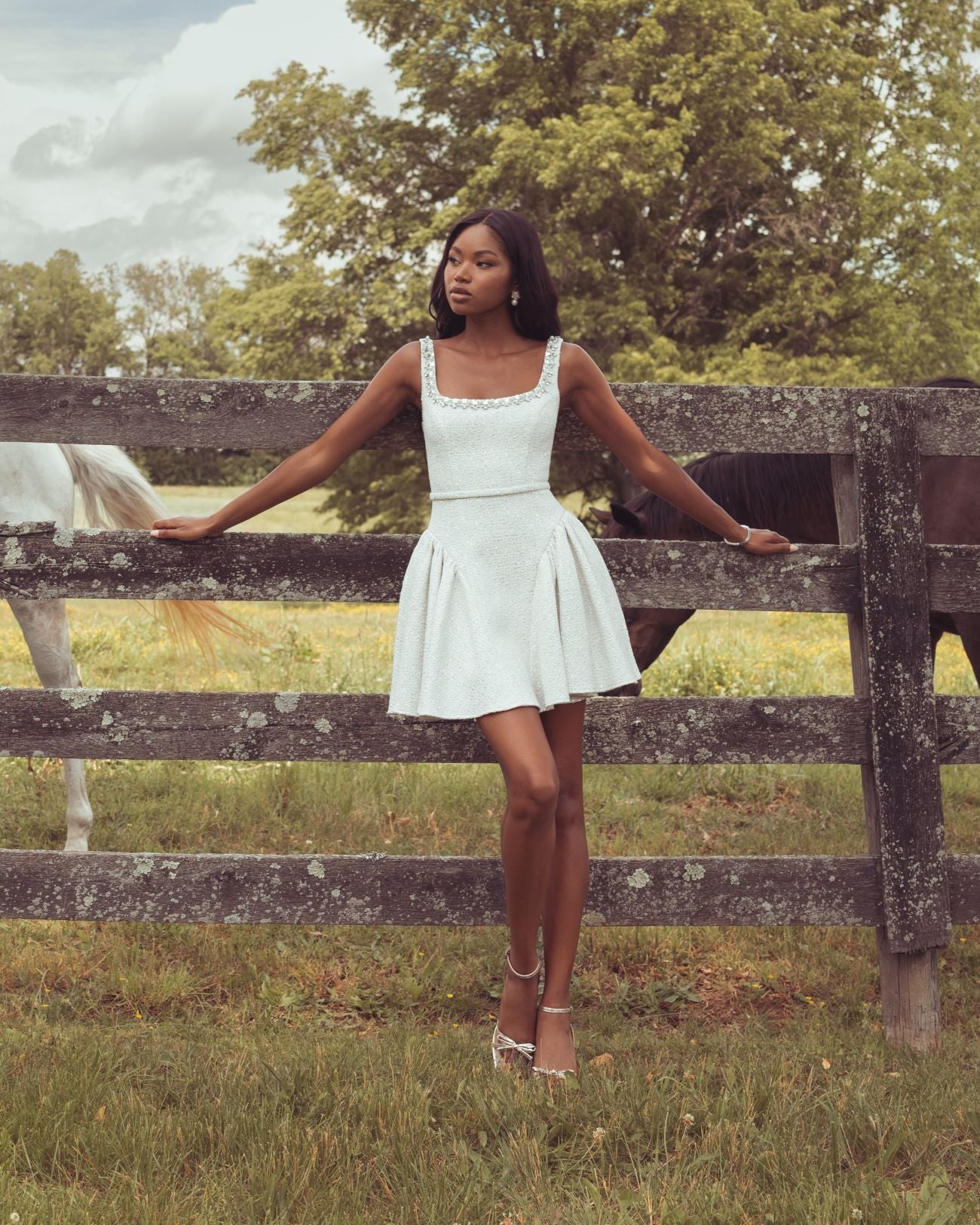 White Embellished Bouclé Mini Dress Mac Duggal