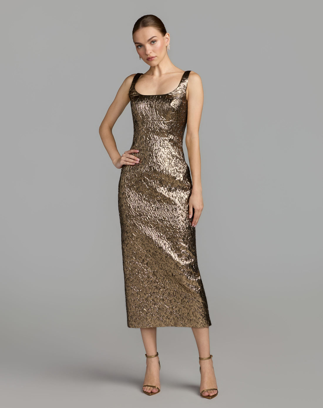 Gold Metallic Scoop Neck Brocade Midi Dress - Mac Duggal