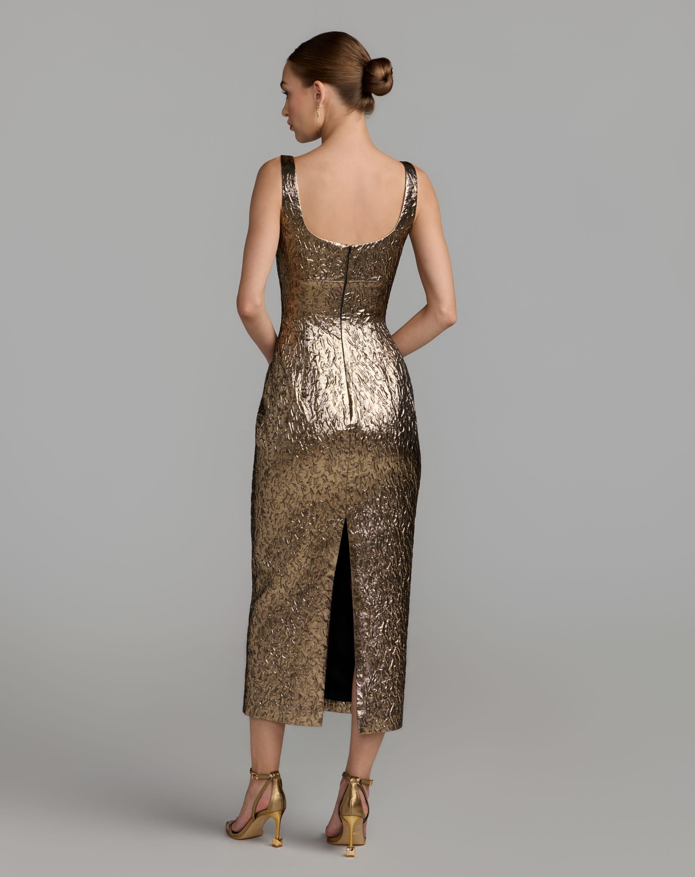 Gold Metallic Scoop Neck Brocade Midi Dress - Mac Duggal