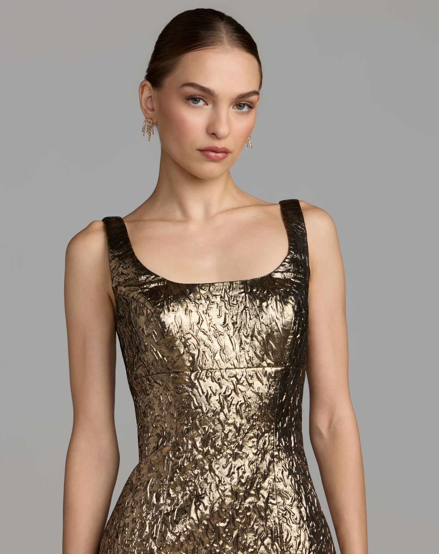Gold Metallic Scoop Neck Brocade Midi Dress - Mac Duggal