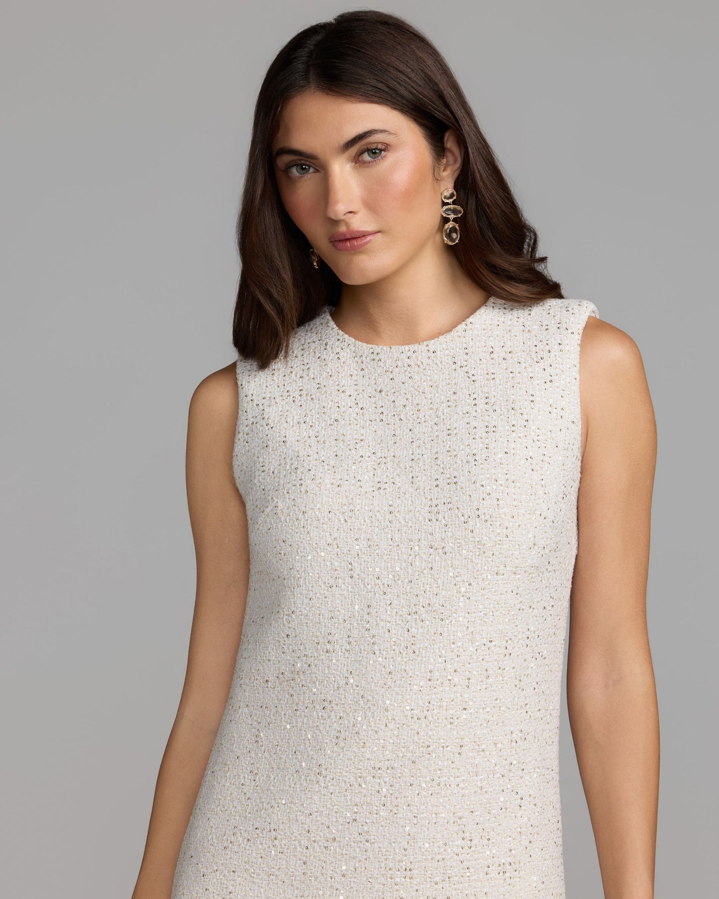 White Bouclé Mini Dress with Pearl Trim Mac Duggal