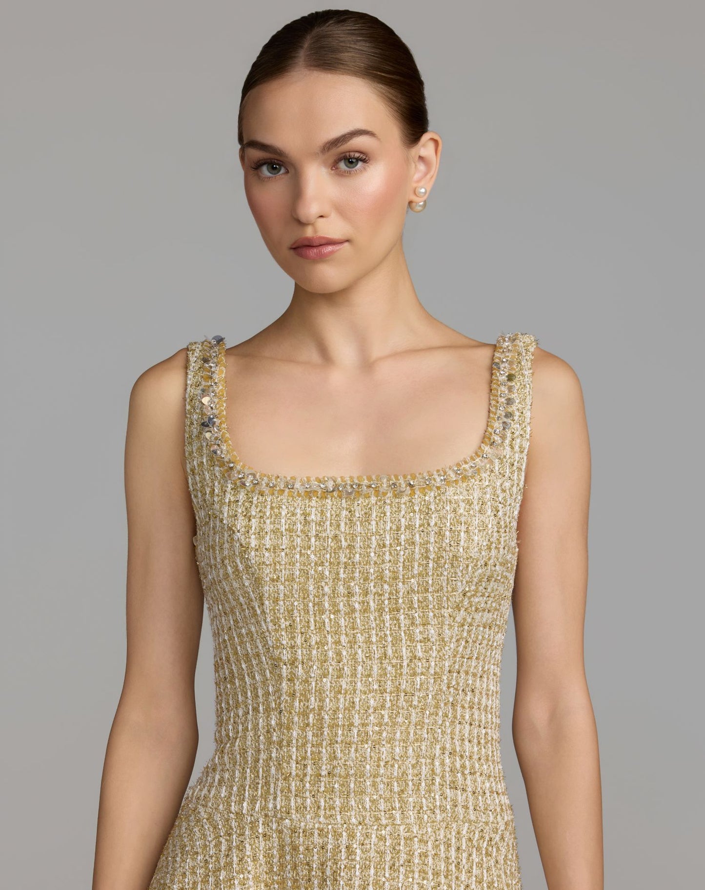 Gold Sleeveless Square Neck Boucle Mini Dress - Mac Duggal