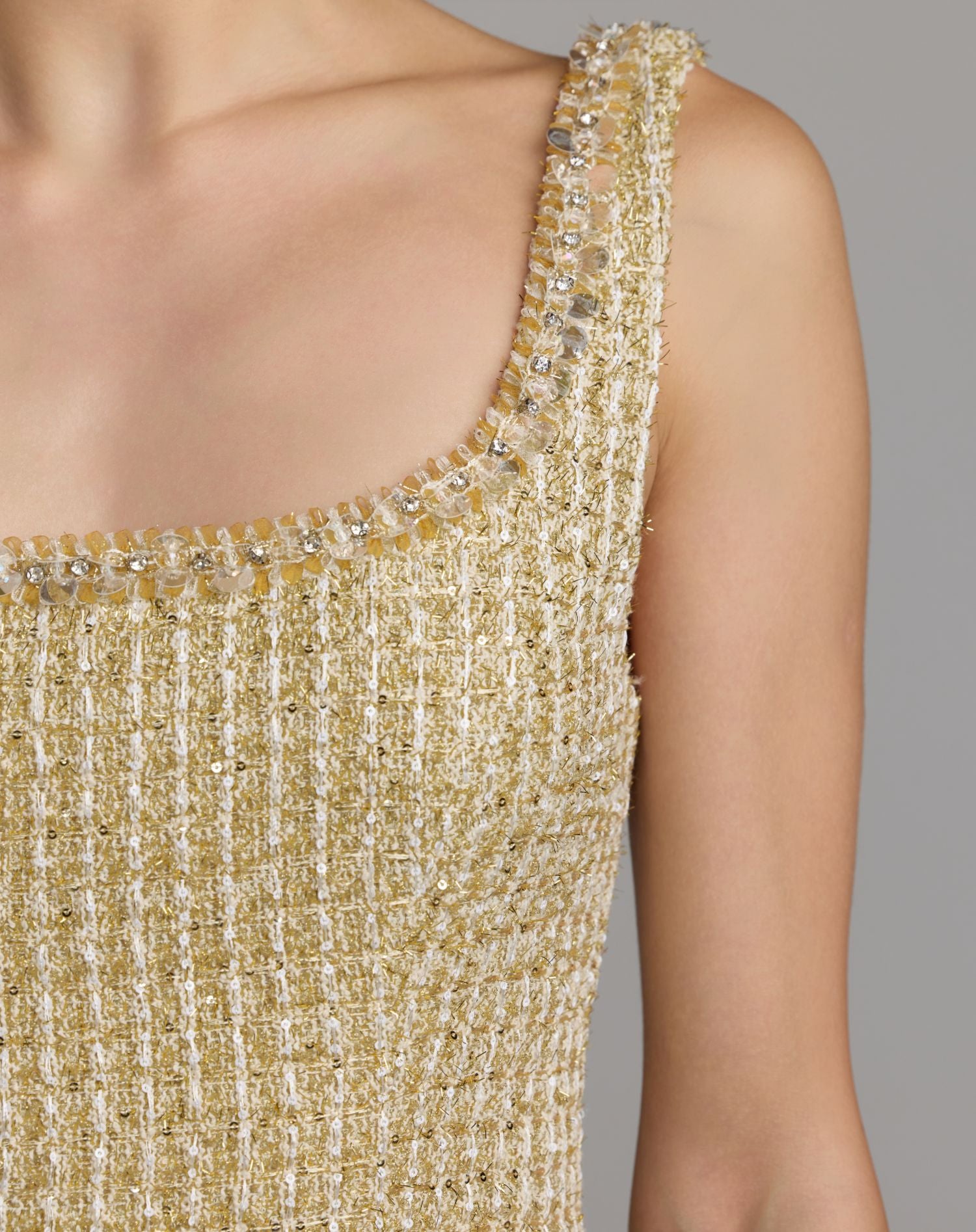 Gold Sleeveless Square Neck Boucle Mini Dress - Mac Duggal