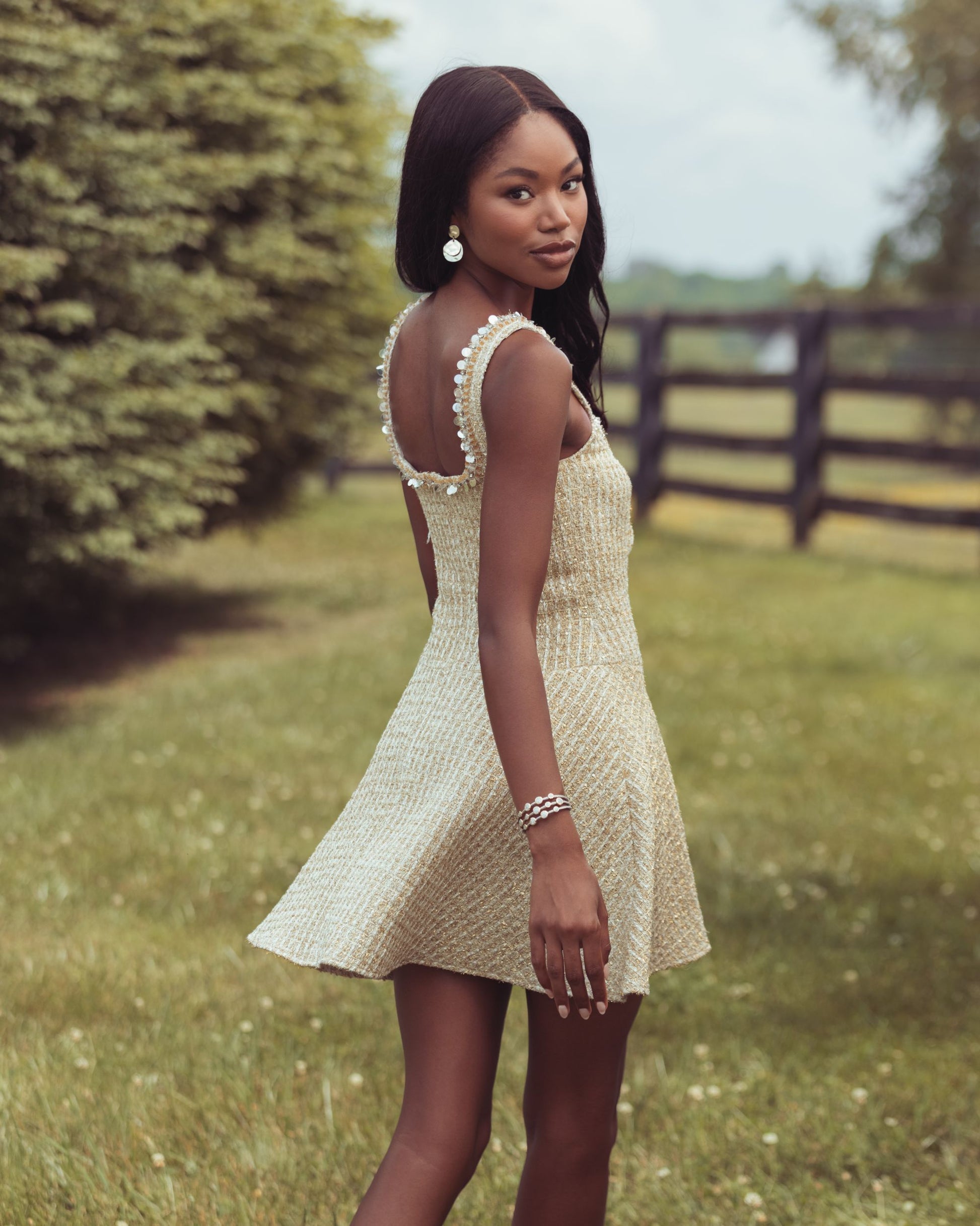 Gold Sleeveless Square Neck Boucle Mini Dress - Mac Duggal
