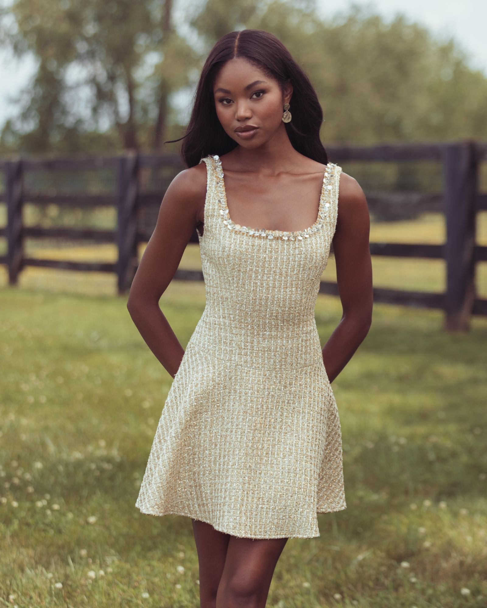 Gold Sleeveless Square Neck Boucle Mini Dress - Mac Duggal