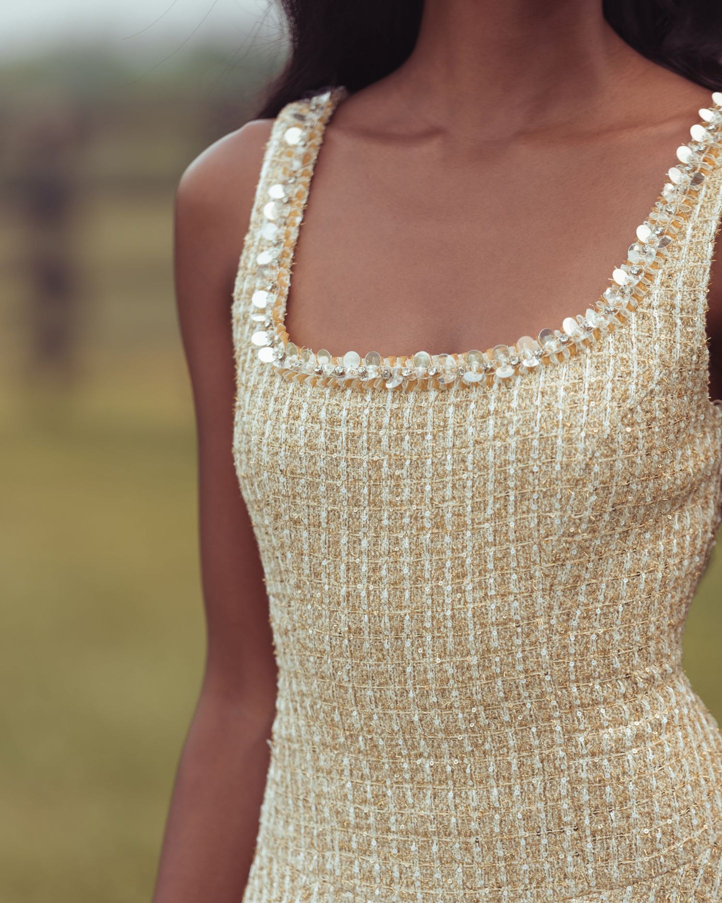 Gold Sleeveless Square Neck Boucle Mini Dress - Mac Duggal
