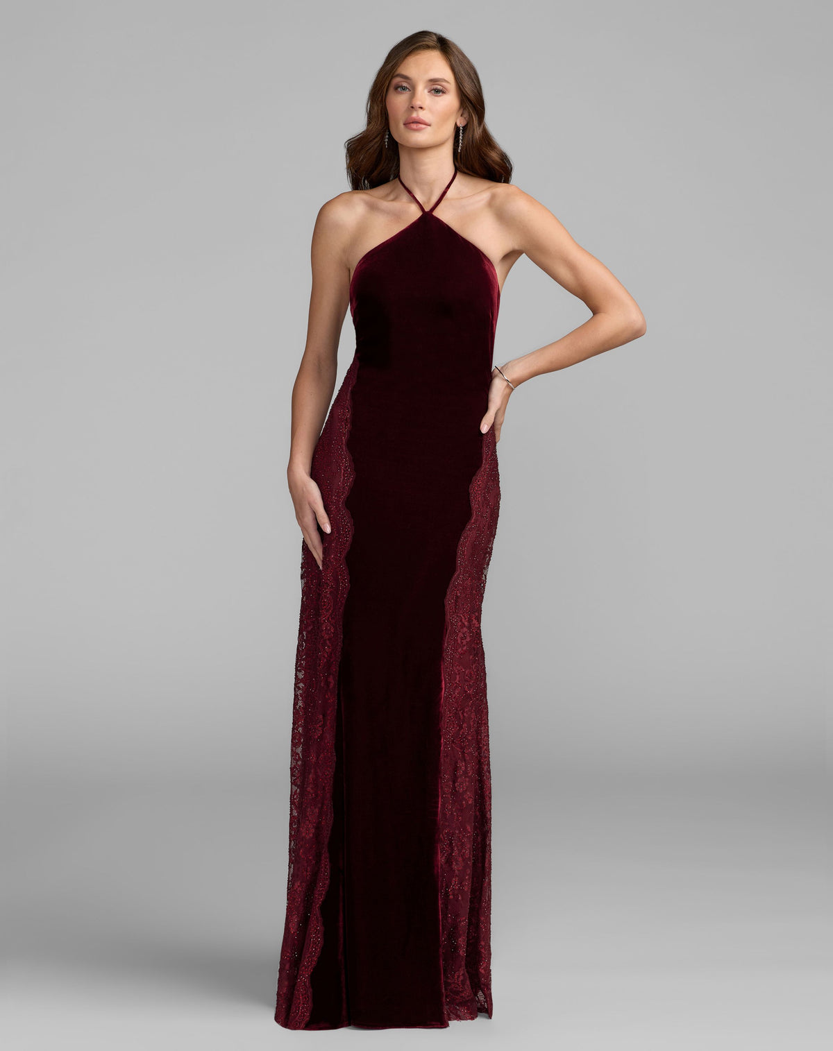 Burgundy Velvet and Lace Halter Column Gown - Mac Duggal