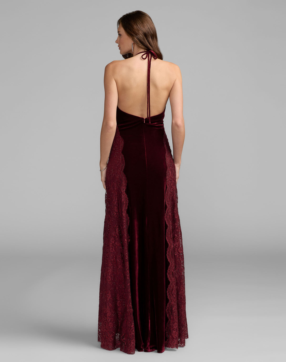 Burgundy Velvet and Lace Halter Column Gown - Mac Duggal