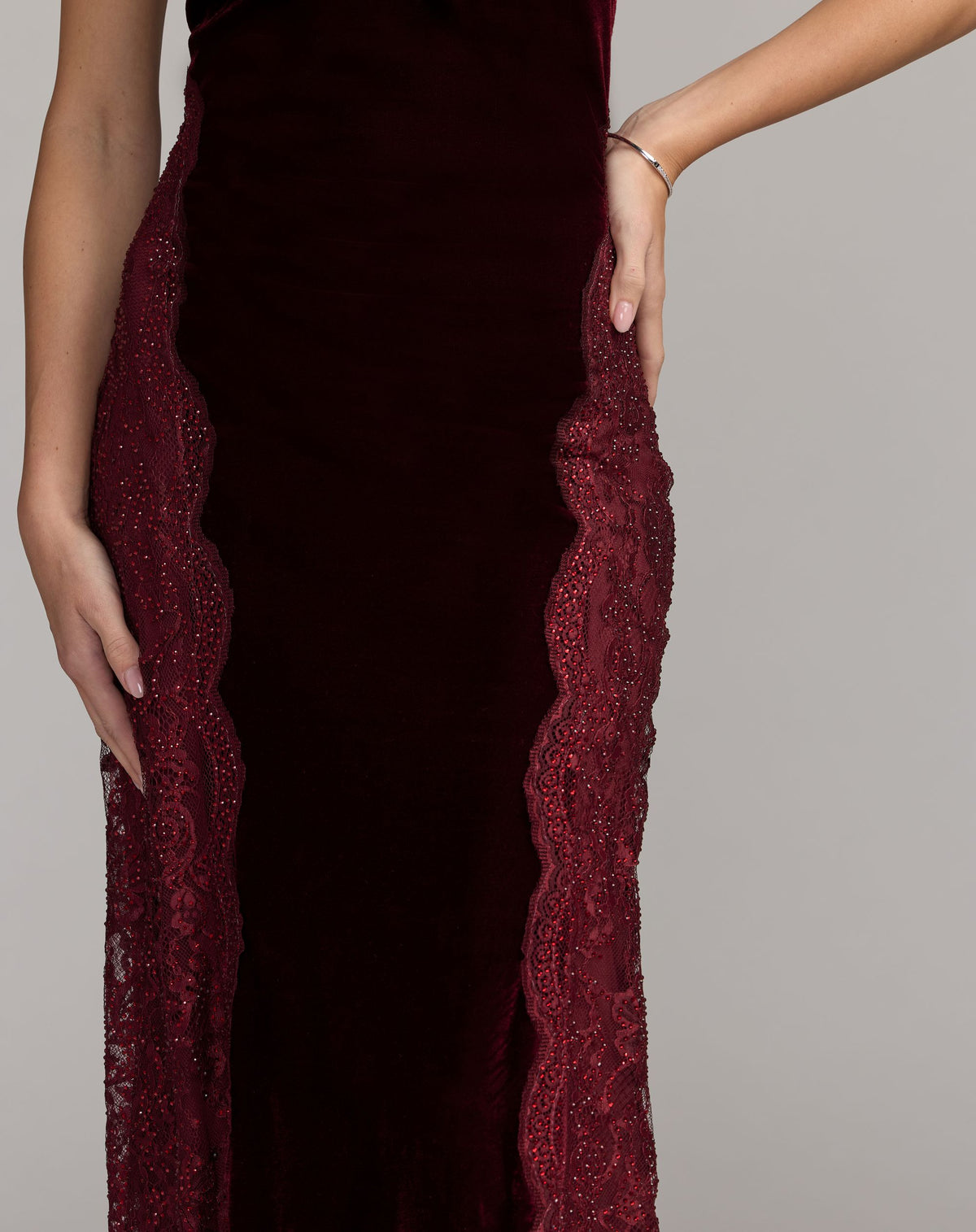 Burgundy Velvet and Lace Halter Column Gown - Mac Duggal