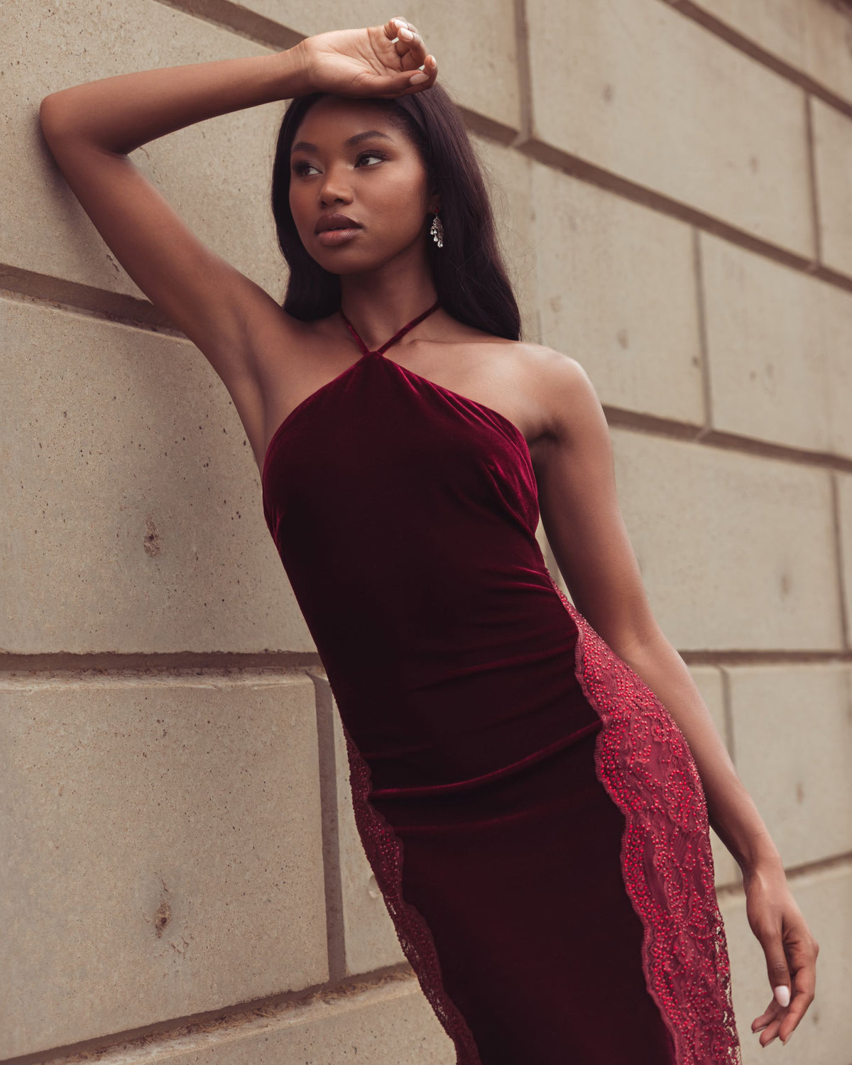 Burgundy Velvet and Lace Halter Column Gown - Mac Duggal