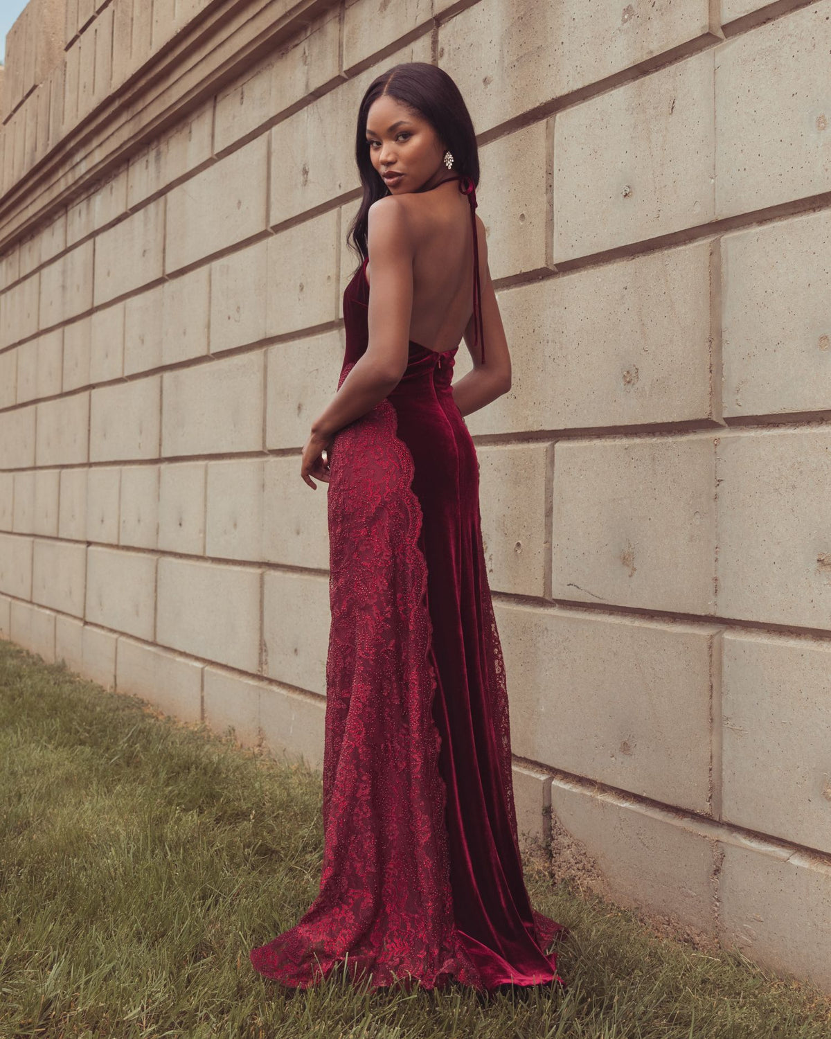 Burgundy Velvet and Lace Halter Column Gown - Mac Duggal