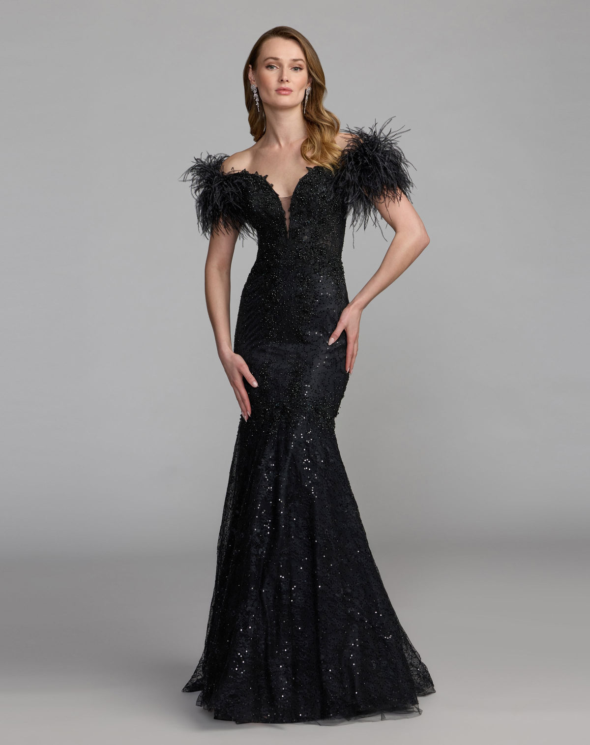 Black Beaded Lace Mermaid Gown With Feathers - Mac Duggal