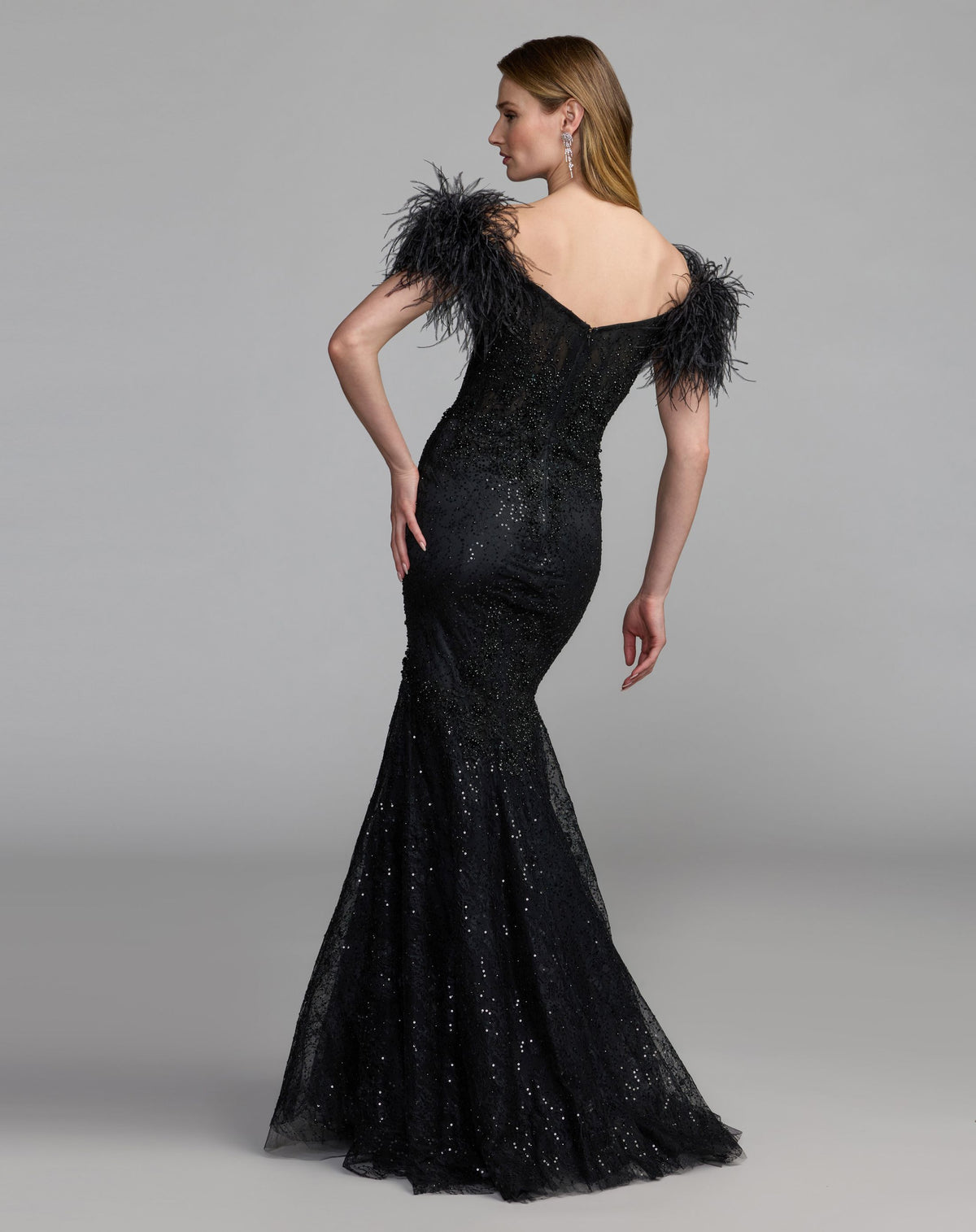 Black Beaded Lace Mermaid Gown With Feathers - Mac Duggal