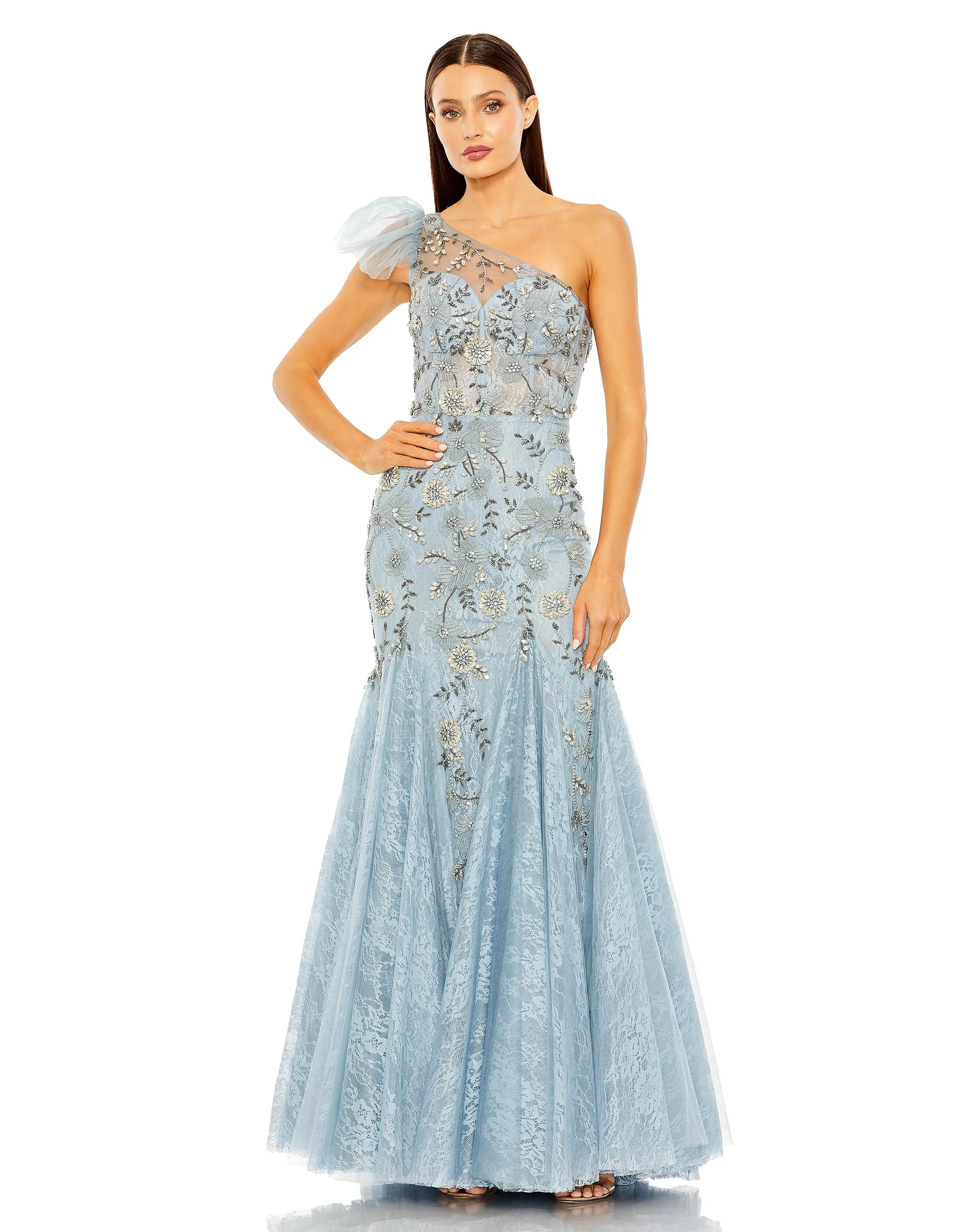 Blue One Shoulder Embellished Mermaid Gown | One of a Kind | Sz. 2 | Mac Duggal