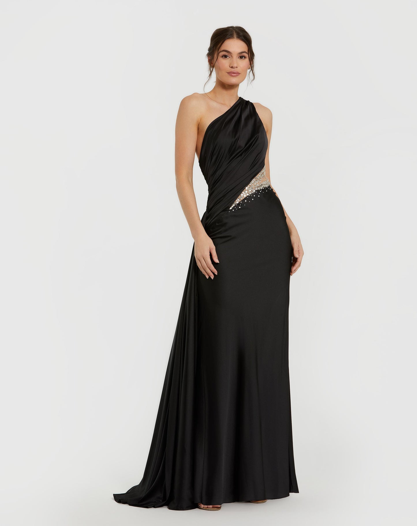 Black One Shoulder Charmeuse Gown With Beaded Cutout - Mac Duggal
