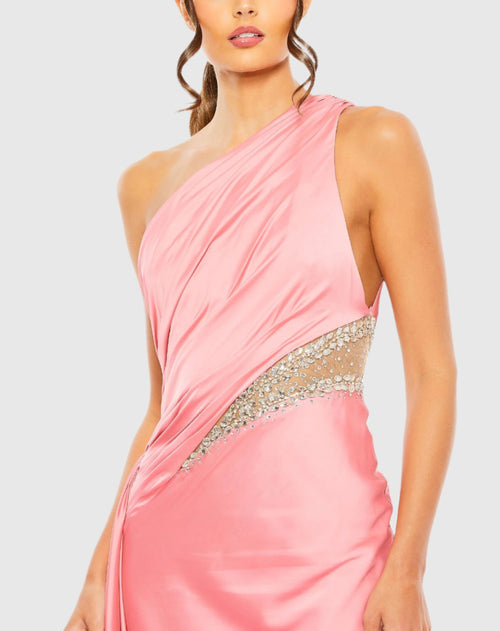 One Shoulder Embellished Satin Gown