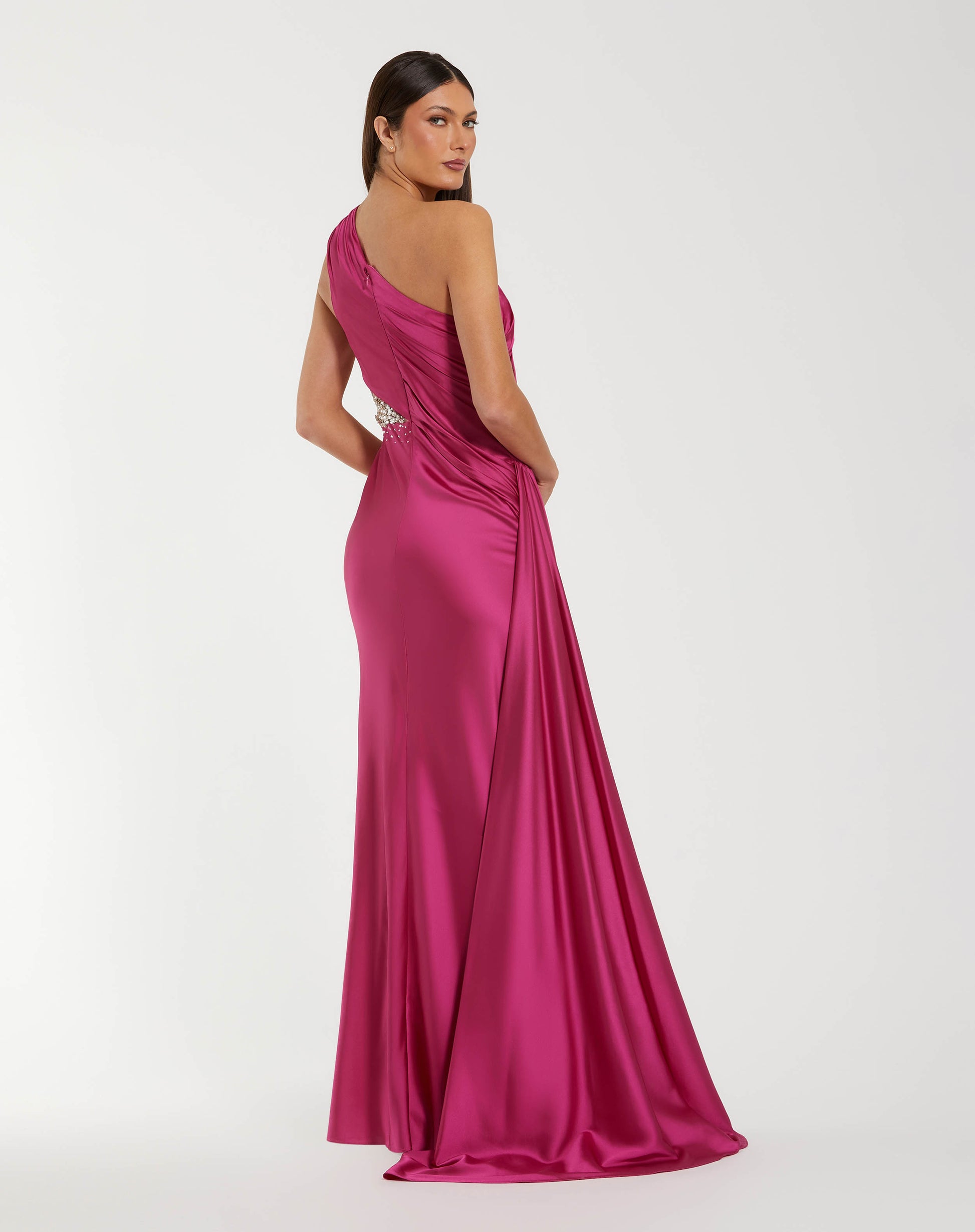Pink One Shoulder Charmeuse Gown With Beaded Cutout - Mac Duggal