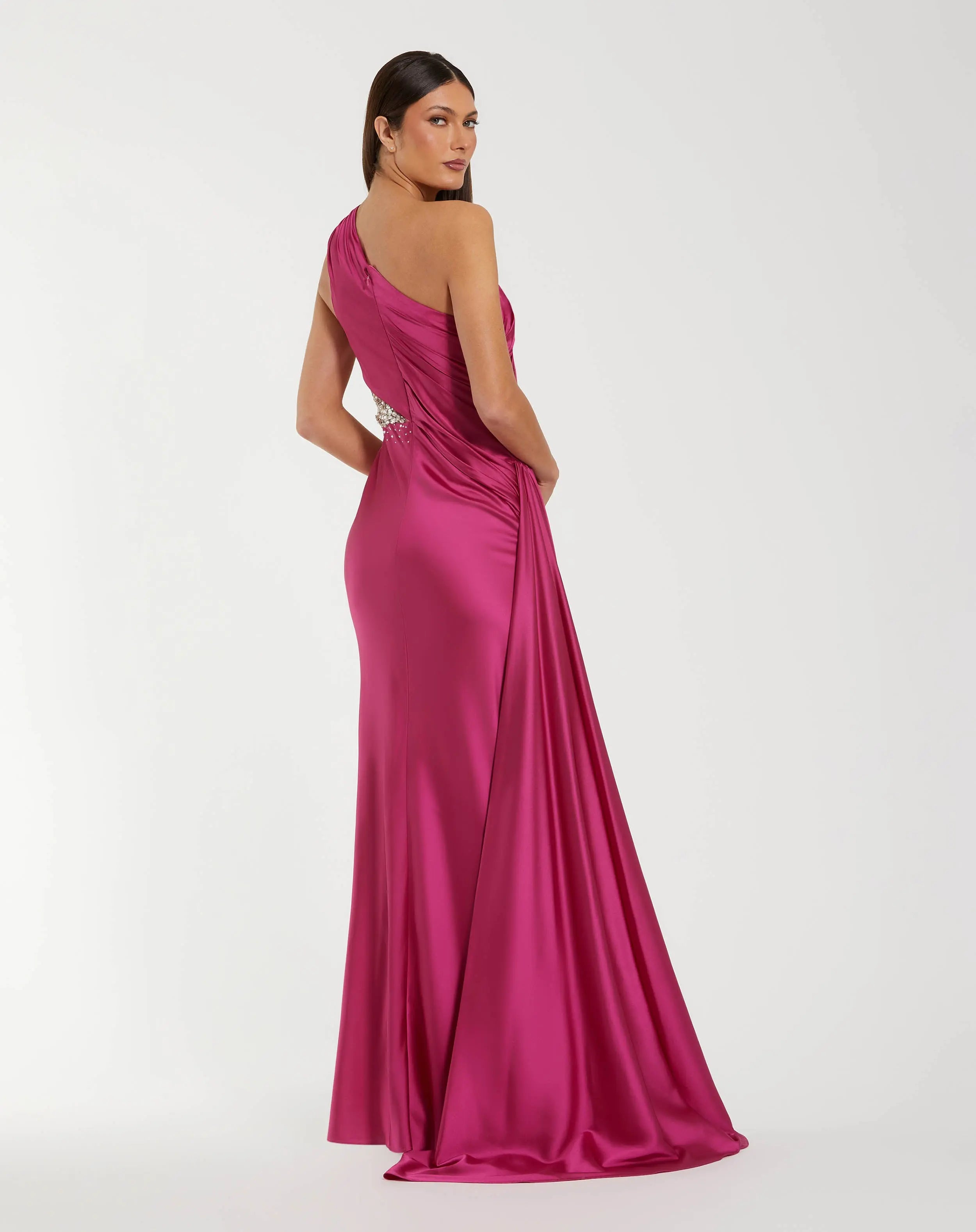 Pink One Shoulder Charmeuse Gown With Beaded Cutout - Mac Duggal