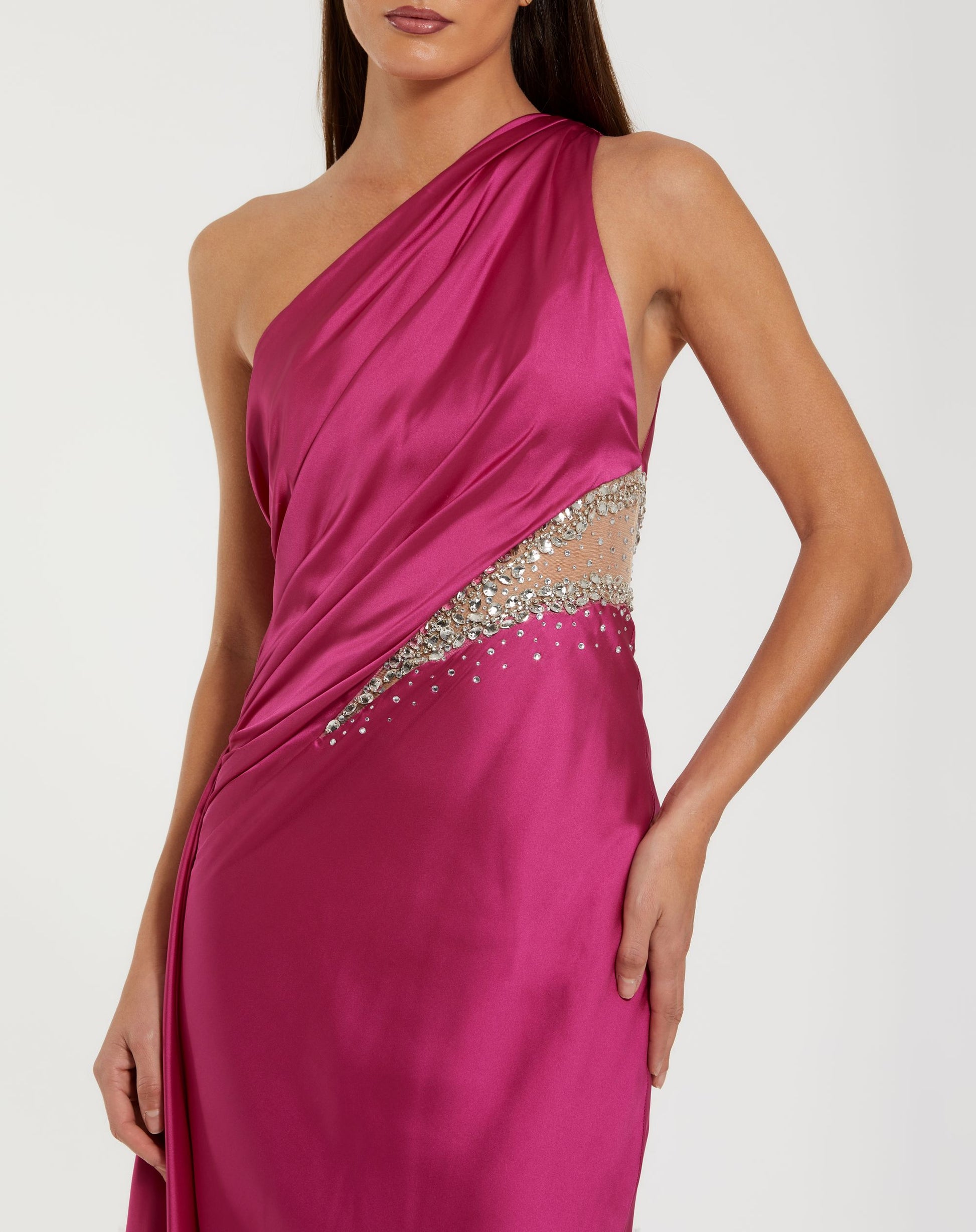 Pink One Shoulder Charmeuse Gown With Beaded Cutout - Mac Duggal