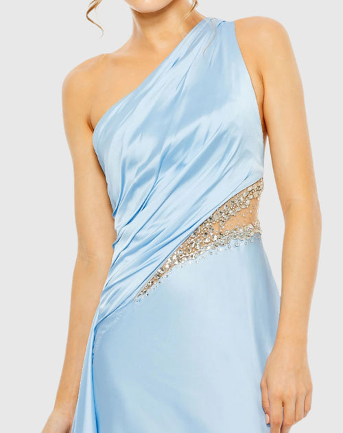 Blue One Shoulder Embellished Satin Gown