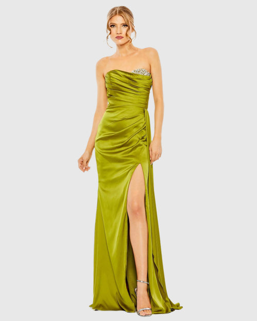 Green Strapless Embellished Sweetheart Neckline Satin Gown