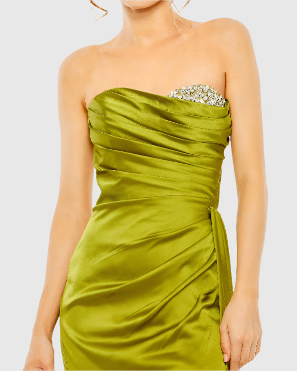 Green Strapless Embellished Sweetheart Neckline Satin Gown