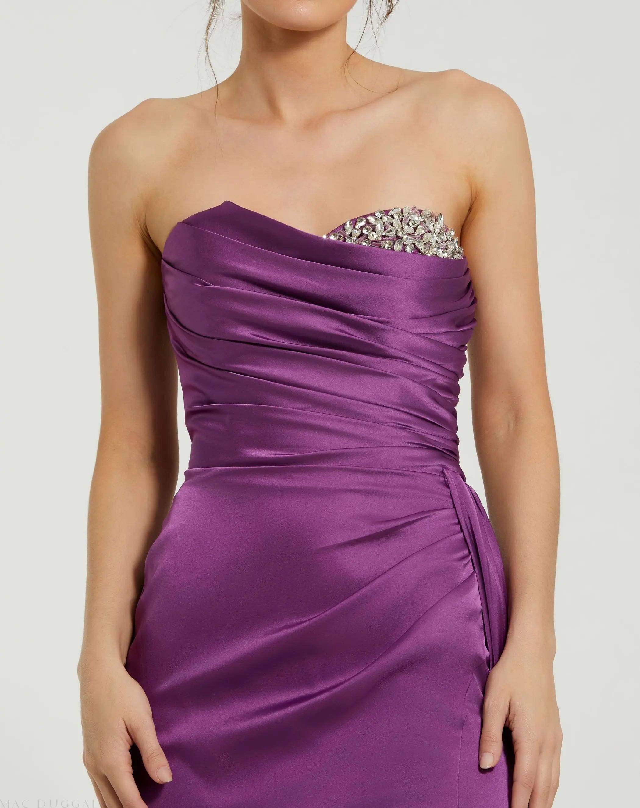 Purple Strapless Embellished Sweetheart Neckline Satin Gown - Mac Duggal