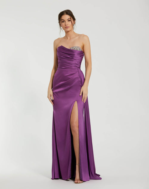 Purple Strapless Embellished Sweetheart Neckline Satin Gown