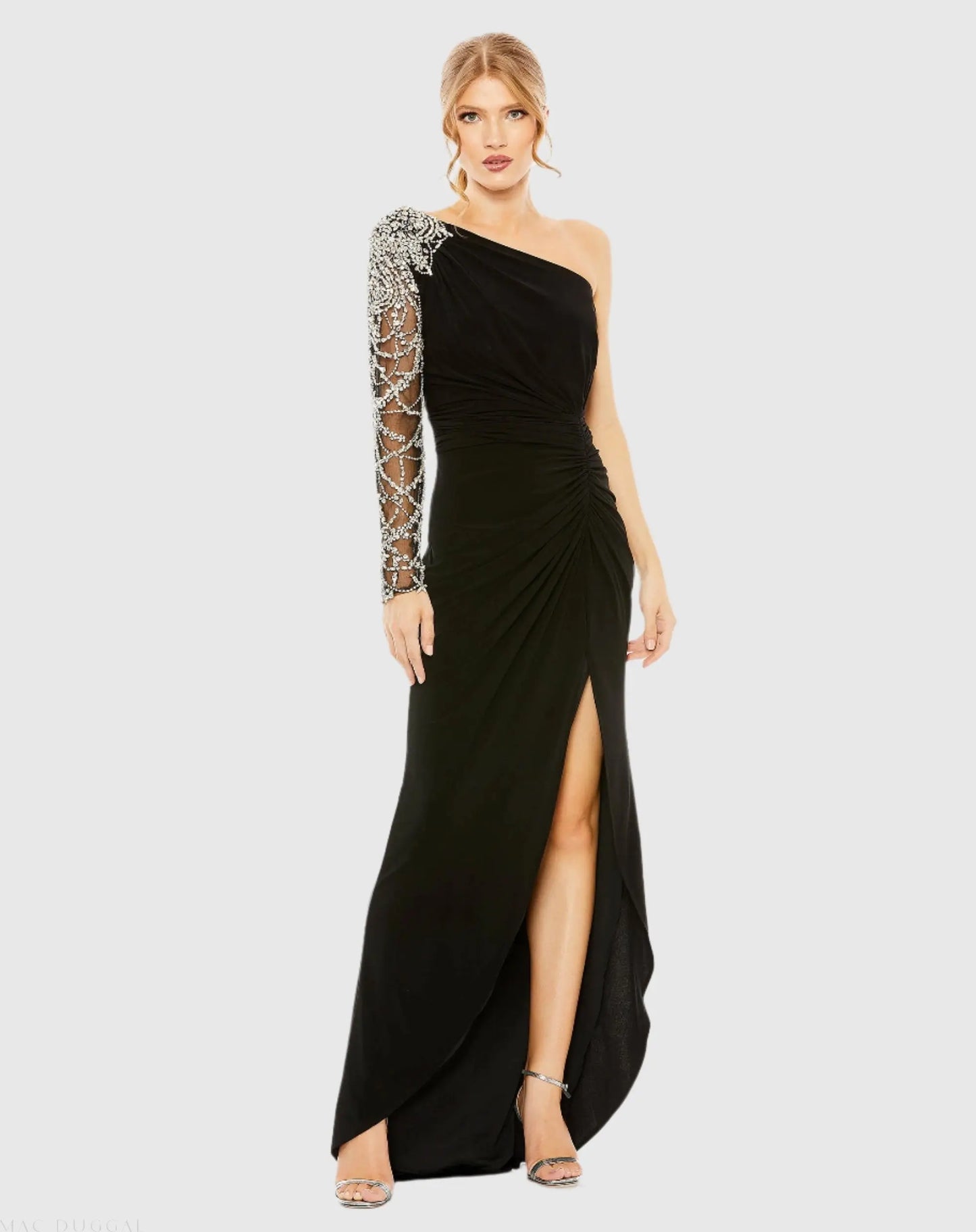 Black Embellished One Shoulder Long Sleeve Gown - Mac Duggal