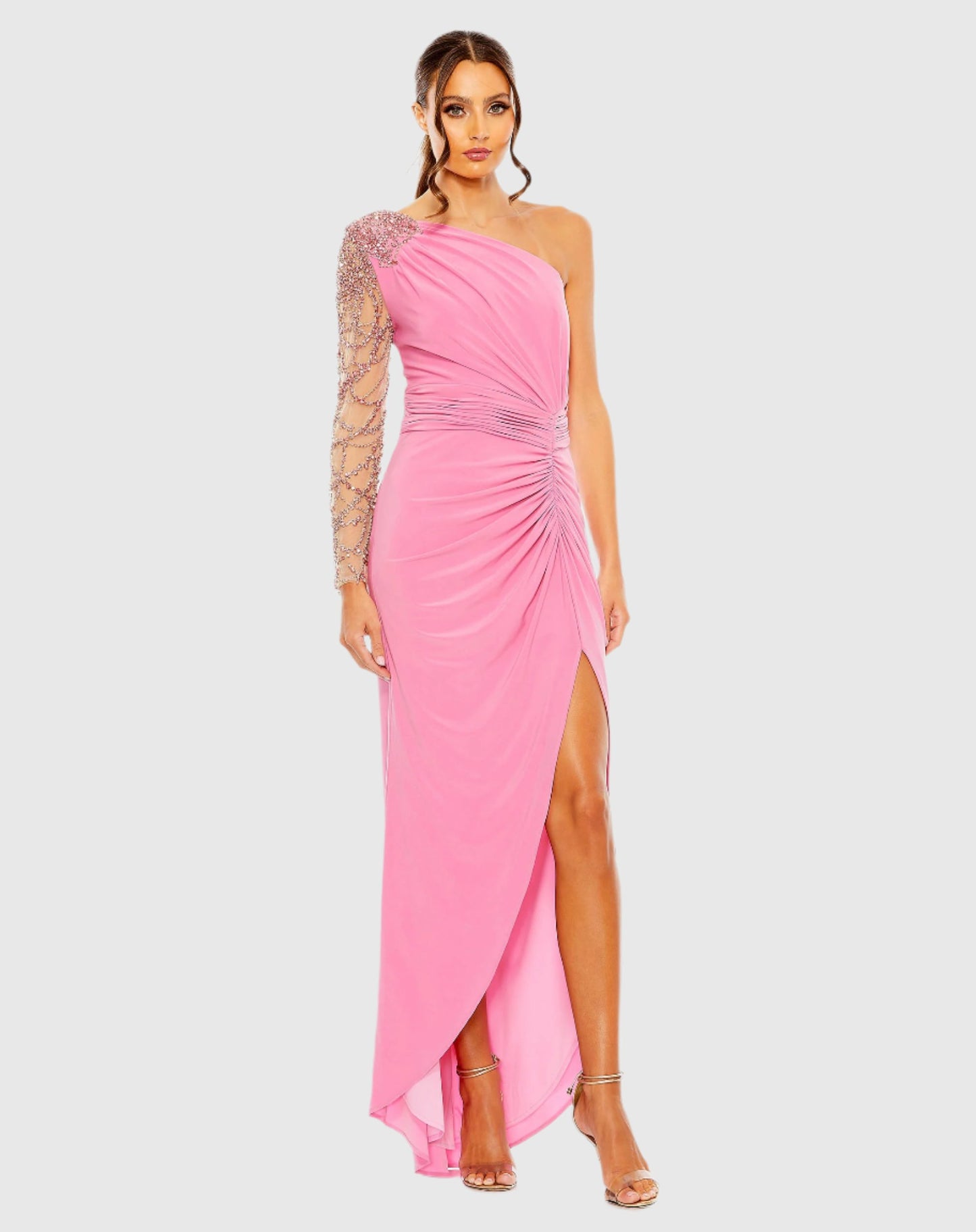 Verziertes One-Shoulder-Träger-Kleid mit langen Ärmeln