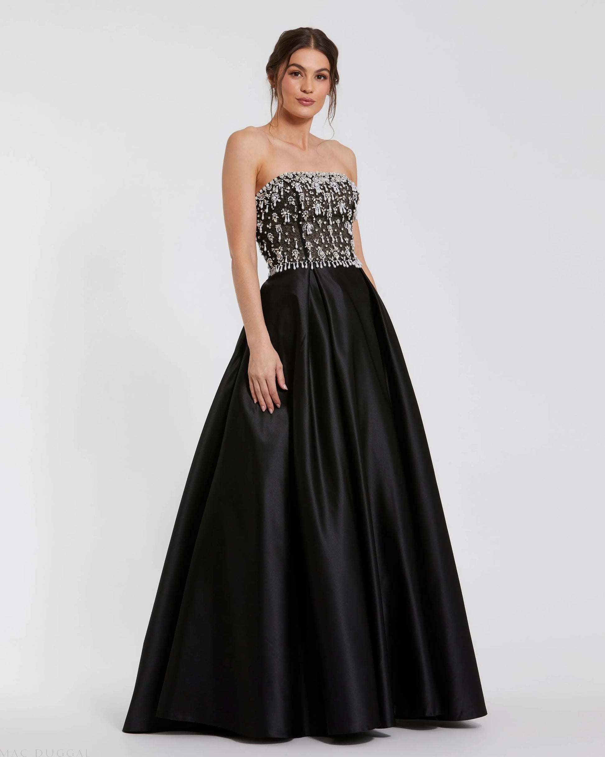 Black Strapless Embellished Top Satin Ball Gown | Mac Duggal Black Strapless Embellished Top Satin Ball Gown | Mac Duggal