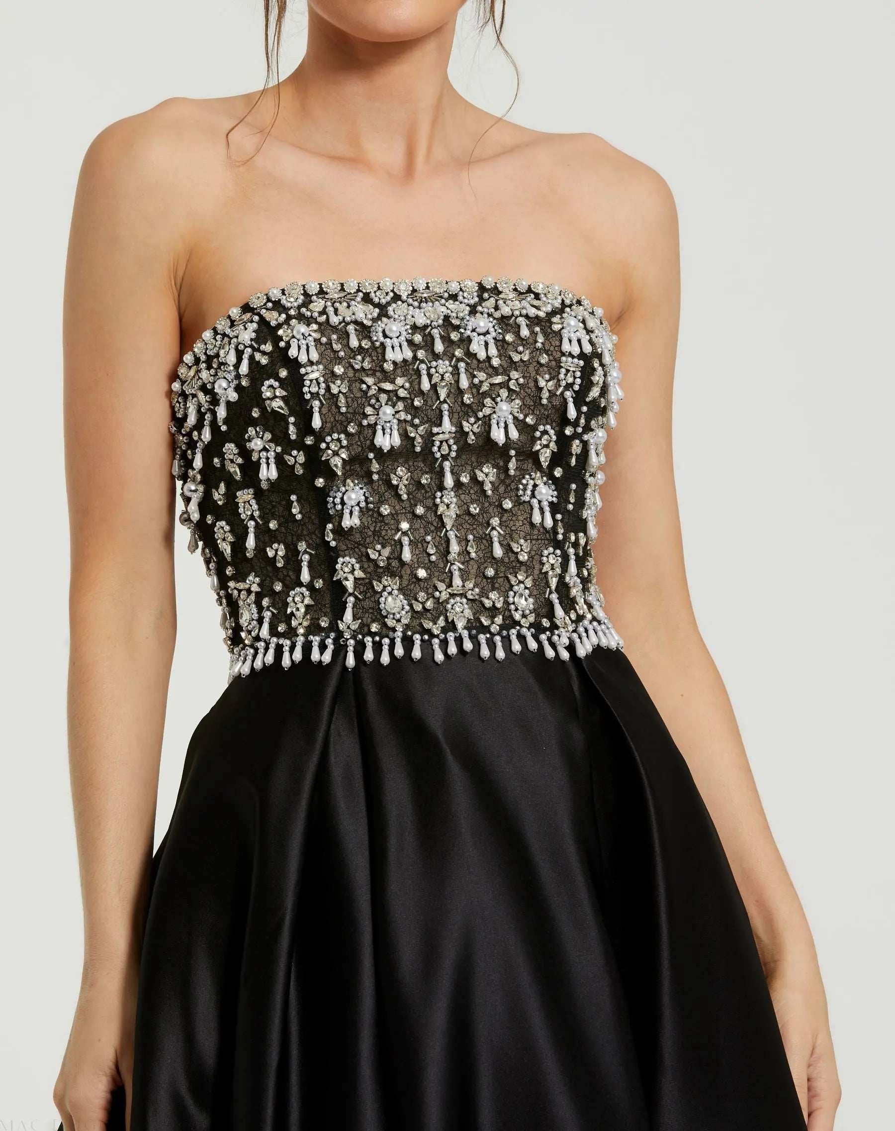 Black Strapless Embellished Top Satin Ball Gown | Mac Duggal Black Strapless Embellished Top Satin Ball Gown | Mac Duggal