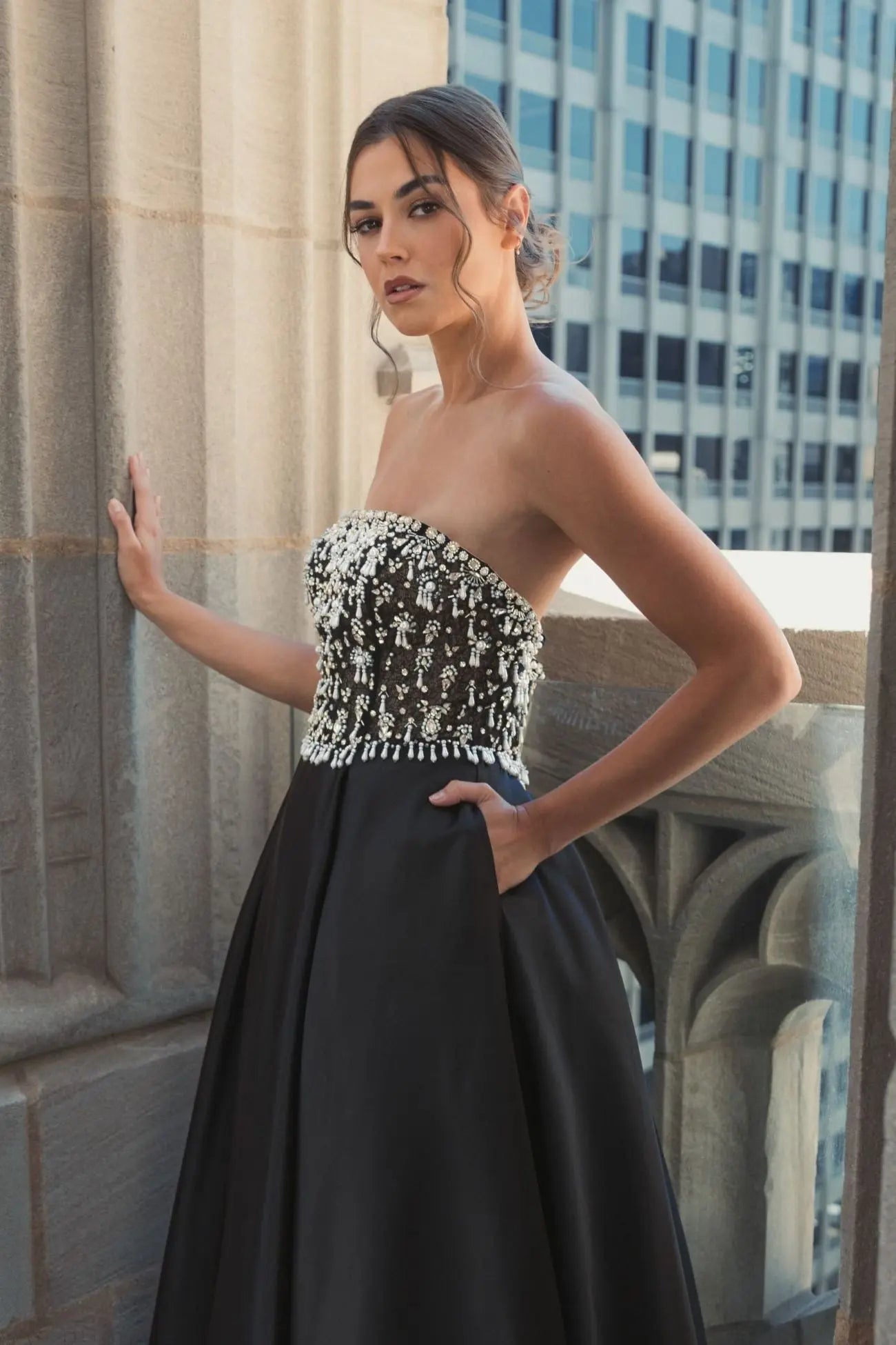 Black Strapless Embellished Top Satin Ball Gown | Mac Duggal Black Strapless Embellished Top Satin Ball Gown | Mac Duggal