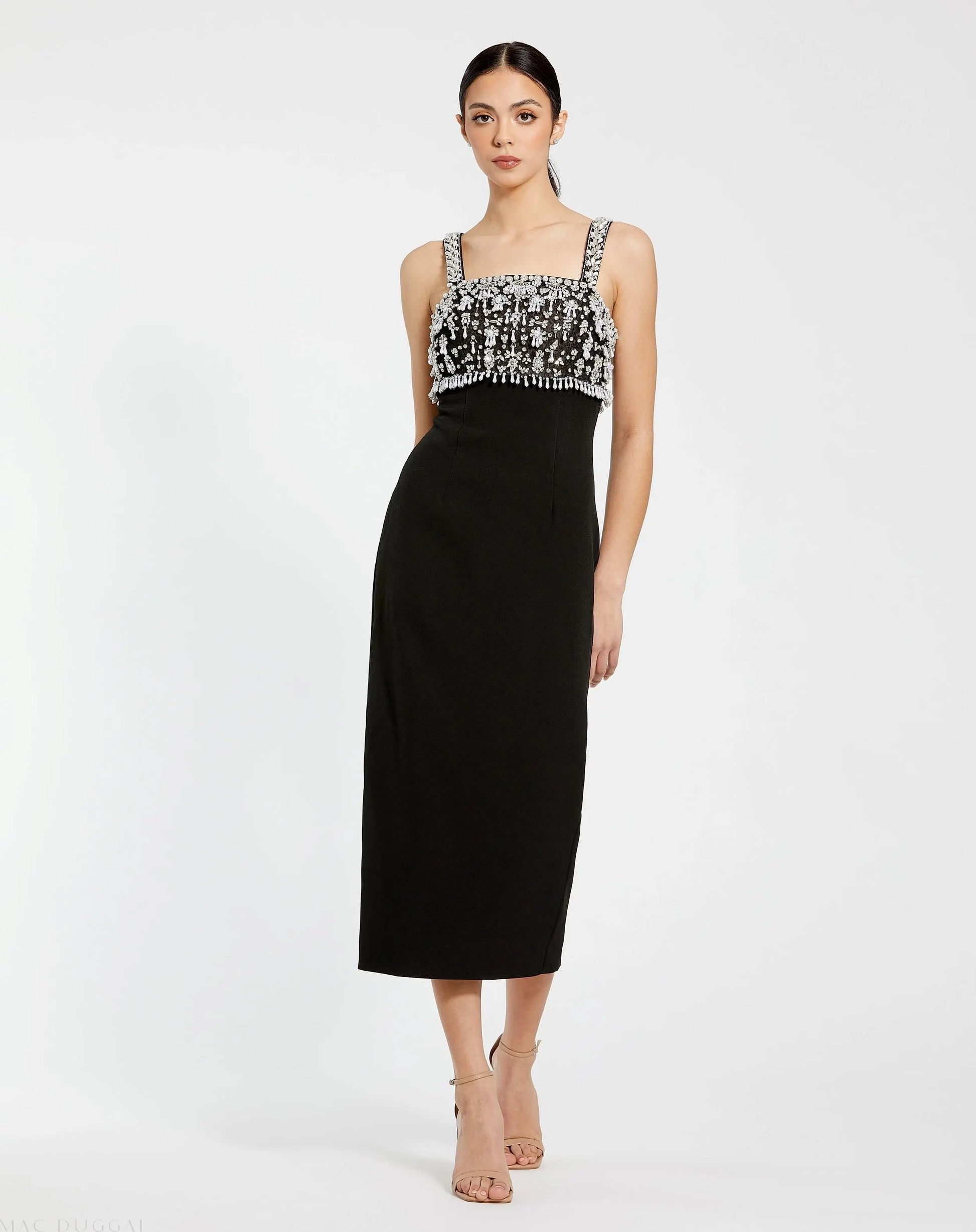 Black Wide Strap Embellished Top Midi Dress - Mac Duggal Black Wide Strap Embellished Top Midi Dress - Mac Duggal