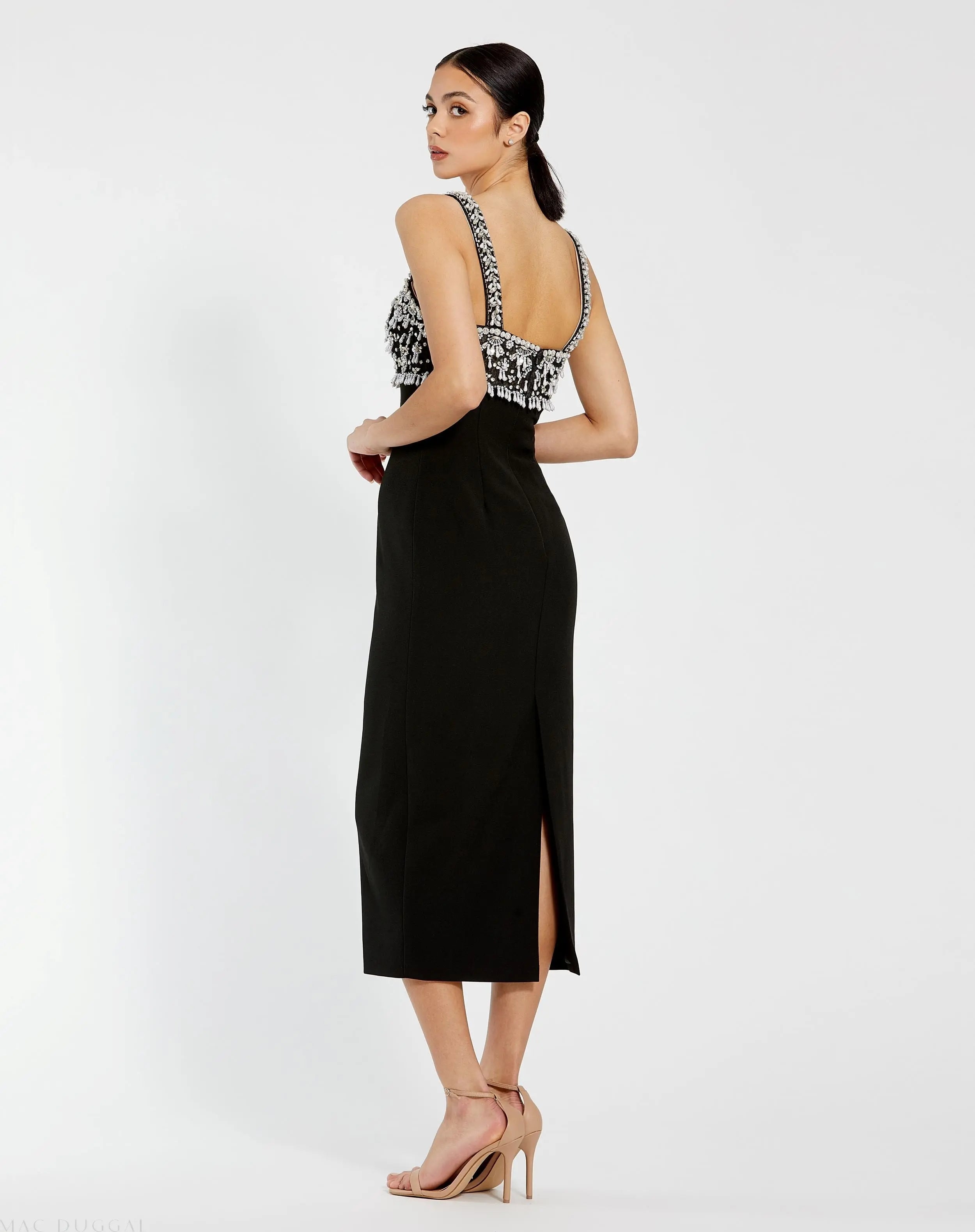 Black Wide Strap Embellished Top Midi Dress - Ieena for Mac Duggal