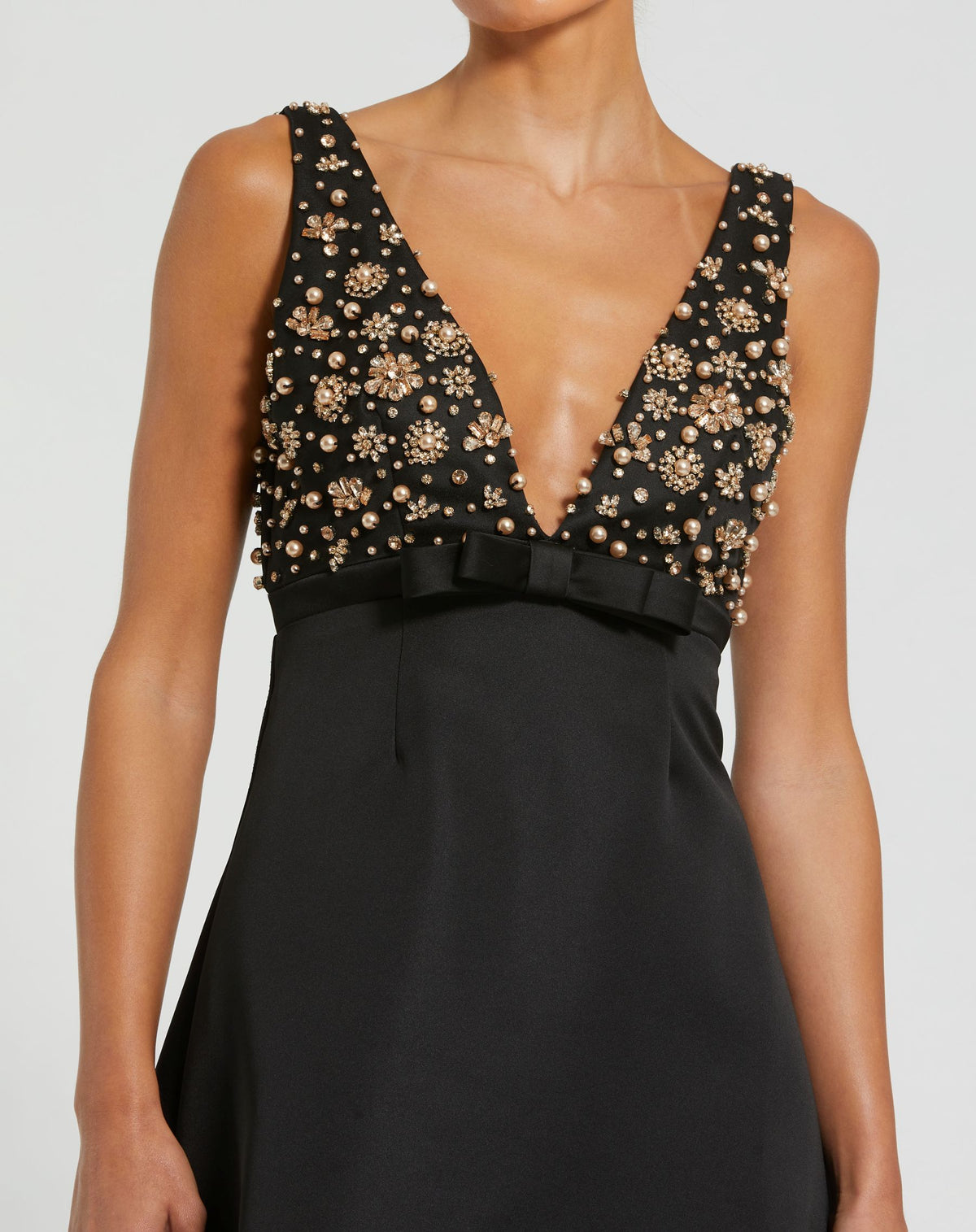 Black Hand Beaded Plung Neck Mini Dress With Bow - Ieena for Mac Duggal