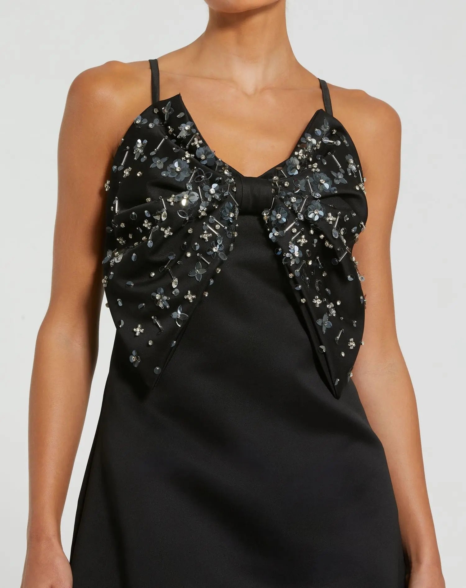 Black Sleeveless Satin A-Line Beaded Bow Mini Dress - Mac Duggal