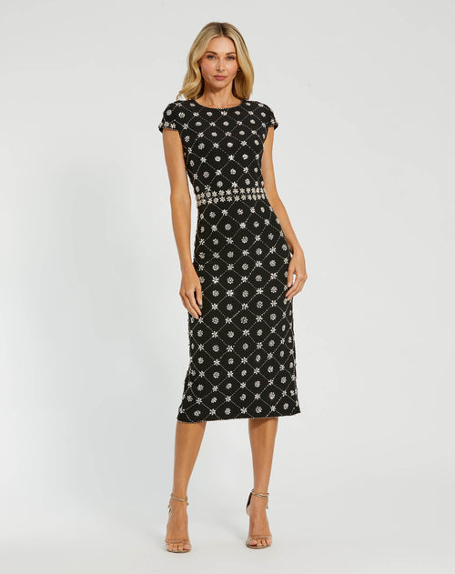 Black Crepe Embellished High Neck Cap Sleeve Midi Dress - Mac Duggal