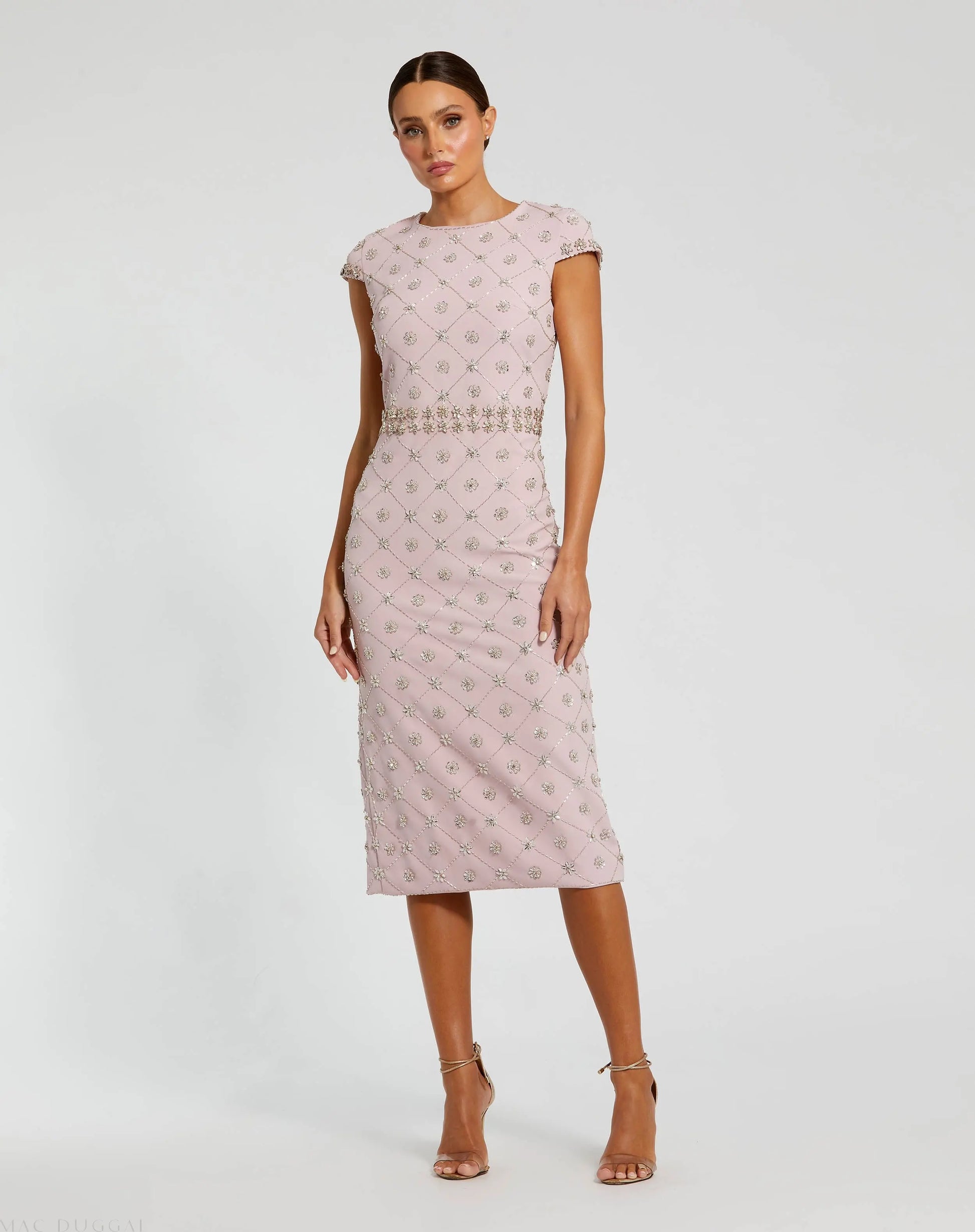 Pink Hand Embellished Cap Sleeve Midi Dress | Mac Duggal Mauve / US 6 Pink Hand Embellished Cap Sleeve Midi Dress | Mac Duggal Mauve / US 6