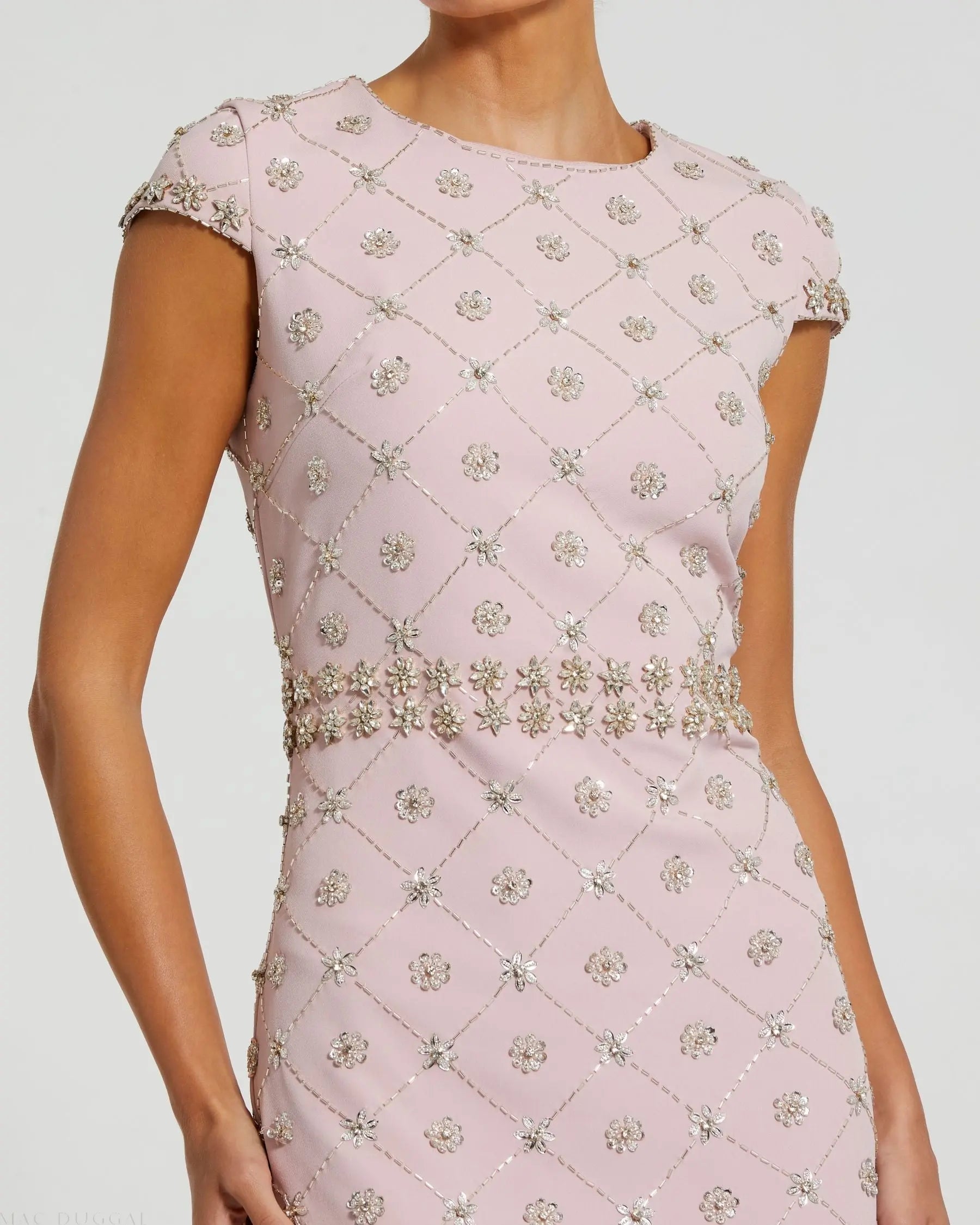 mauve pink midi dress Pink Hand Embellished Cap Sleeve Midi Dress