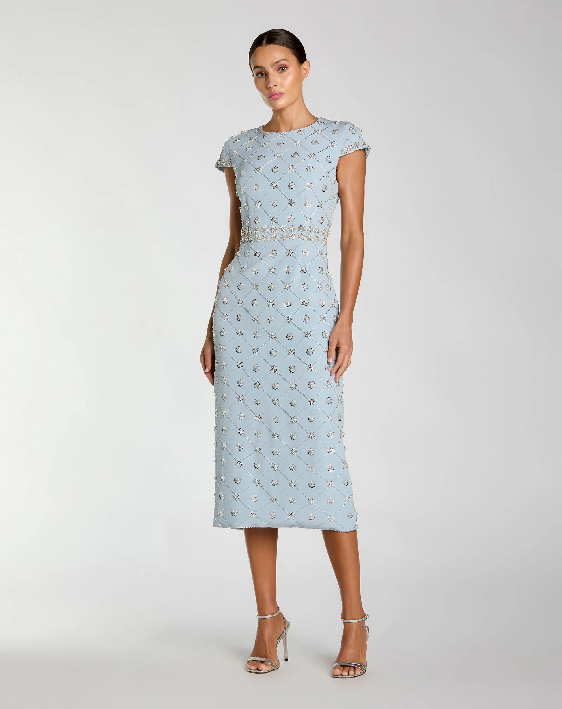 Blue Hand Embellished High Neck Midi Dress - Mac Duggal